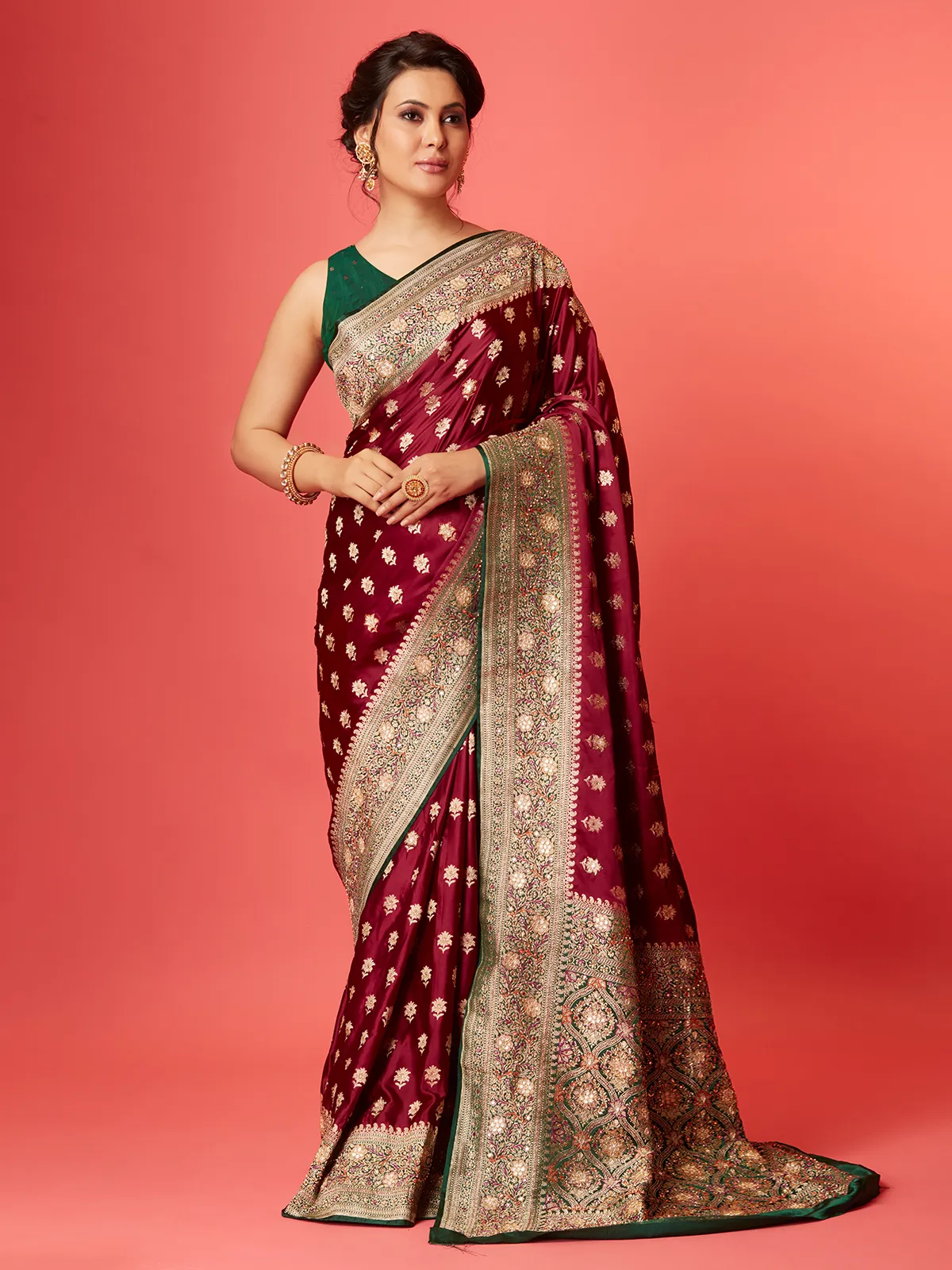 Classic maroon silk saree with contrast border