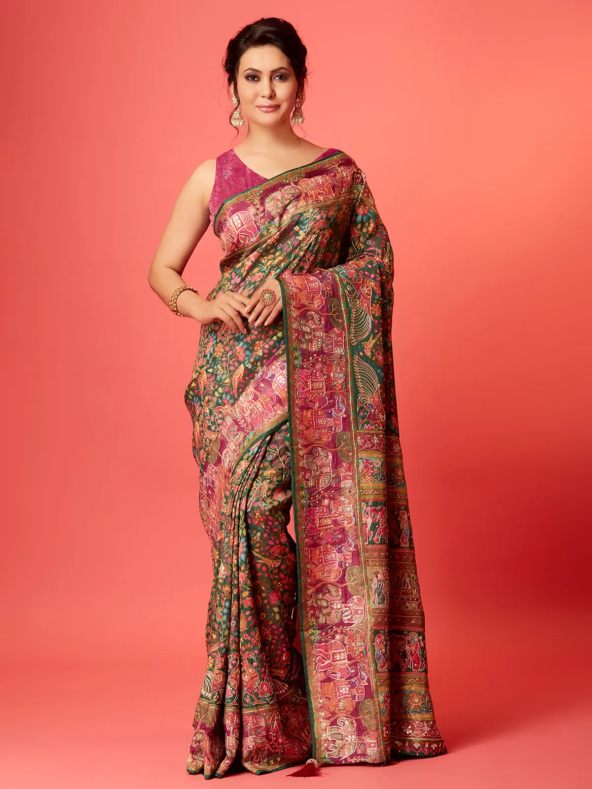 Dark green pashmina silk printed saree