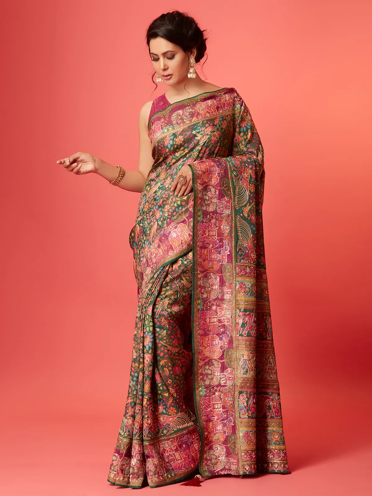 Dark green pashmina silk printed saree