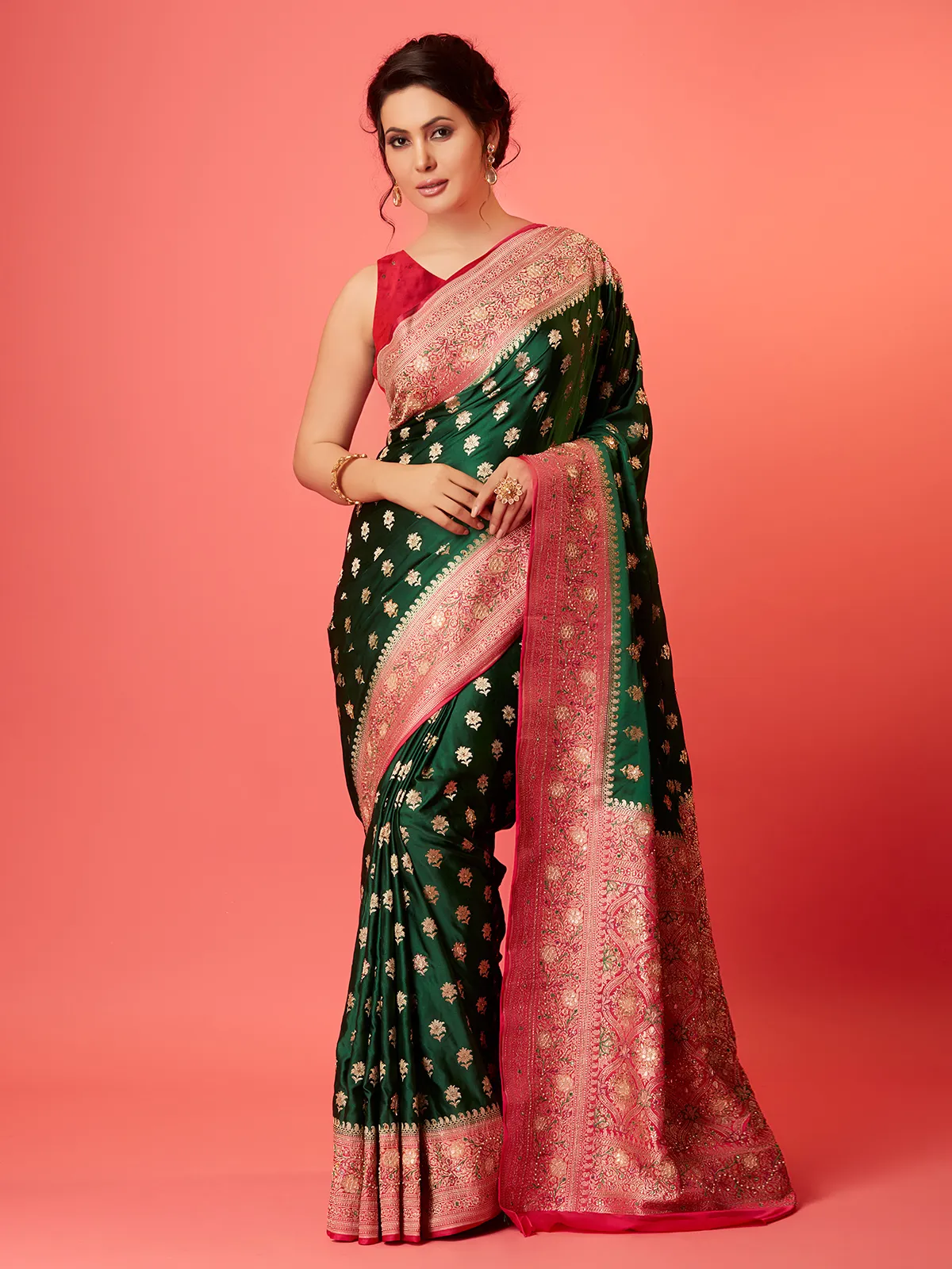 Elegant dark green silk zari saree