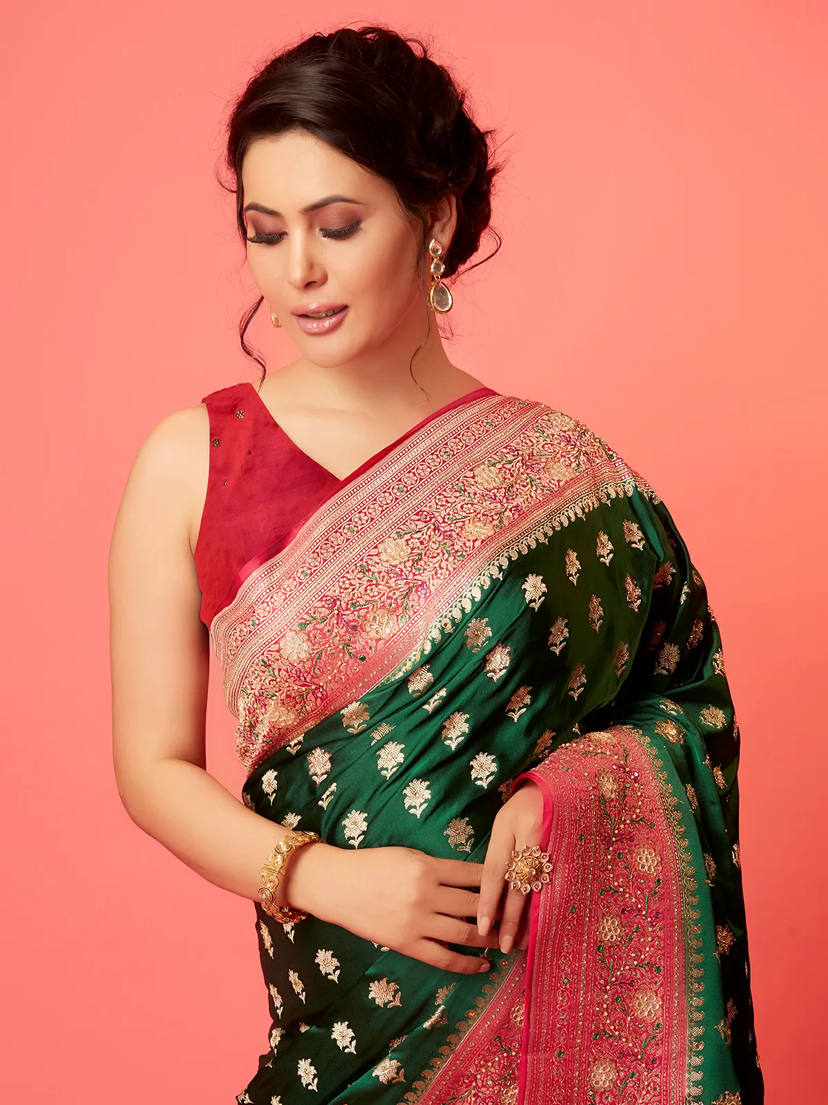 Elegant dark green silk zari saree