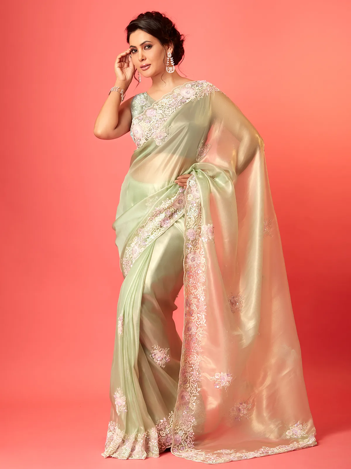 Elegant light green organza saree