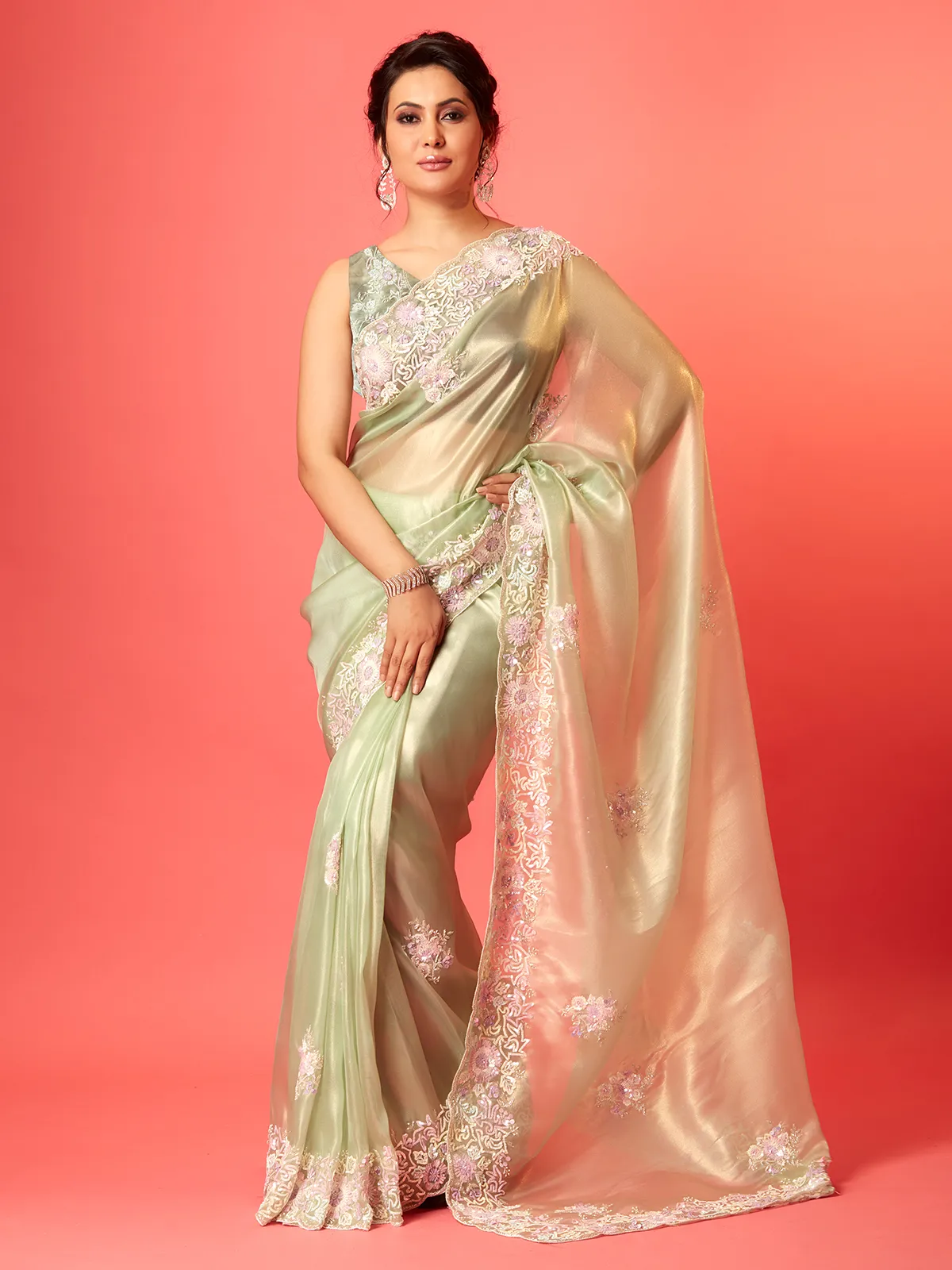 Elegant light green organza saree