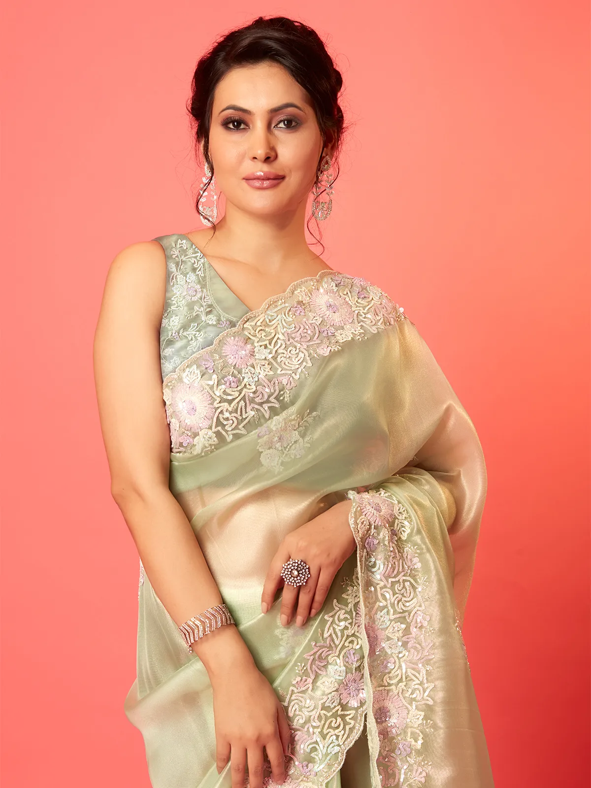 Elegant light green organza saree