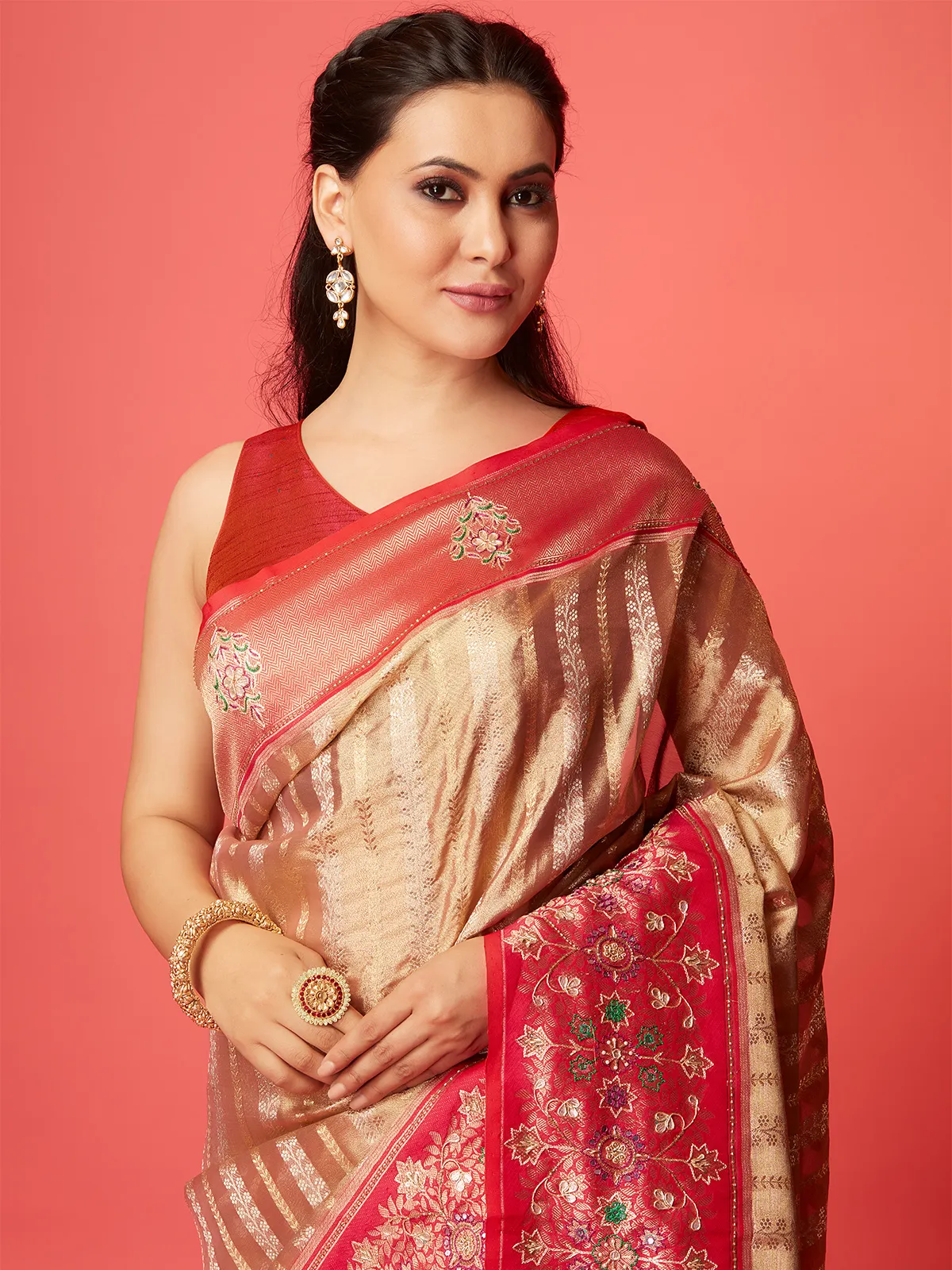 Fawn beige silk zari weaving saree