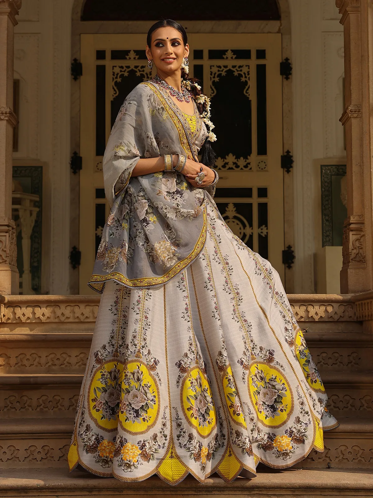 Grey silk floral printed lehenga choli