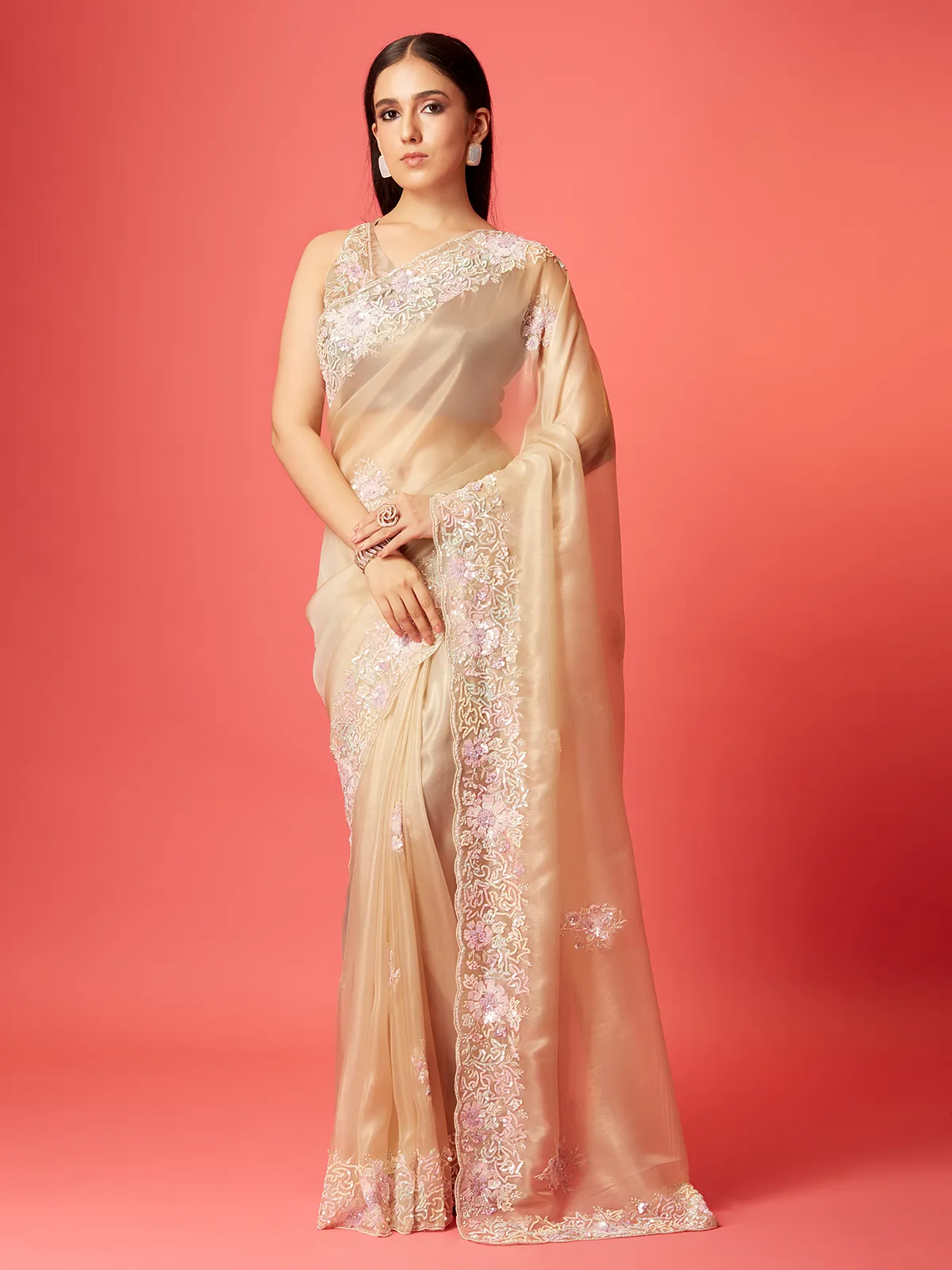 Light peach soft organza saree