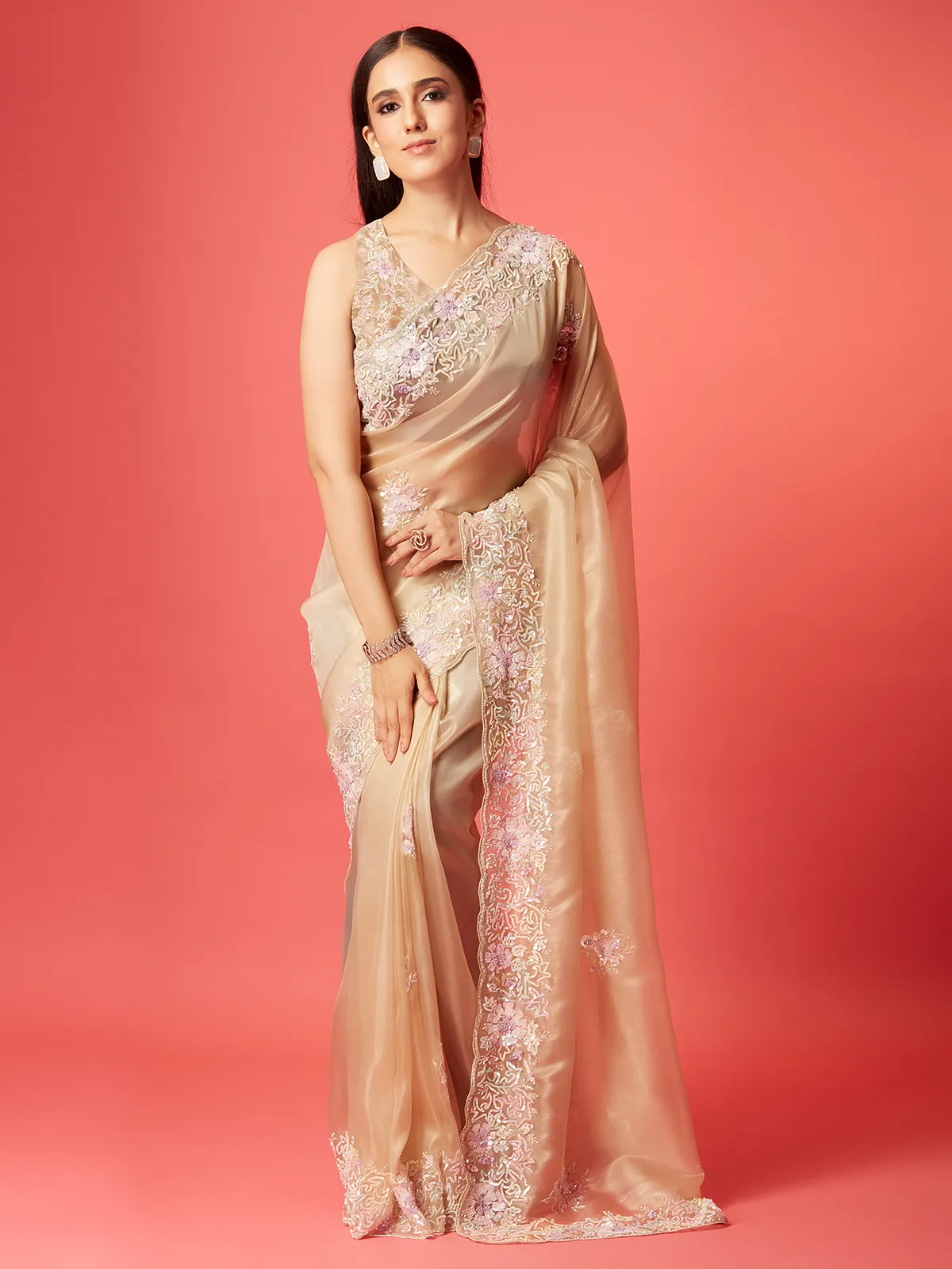 Light peach soft organza saree