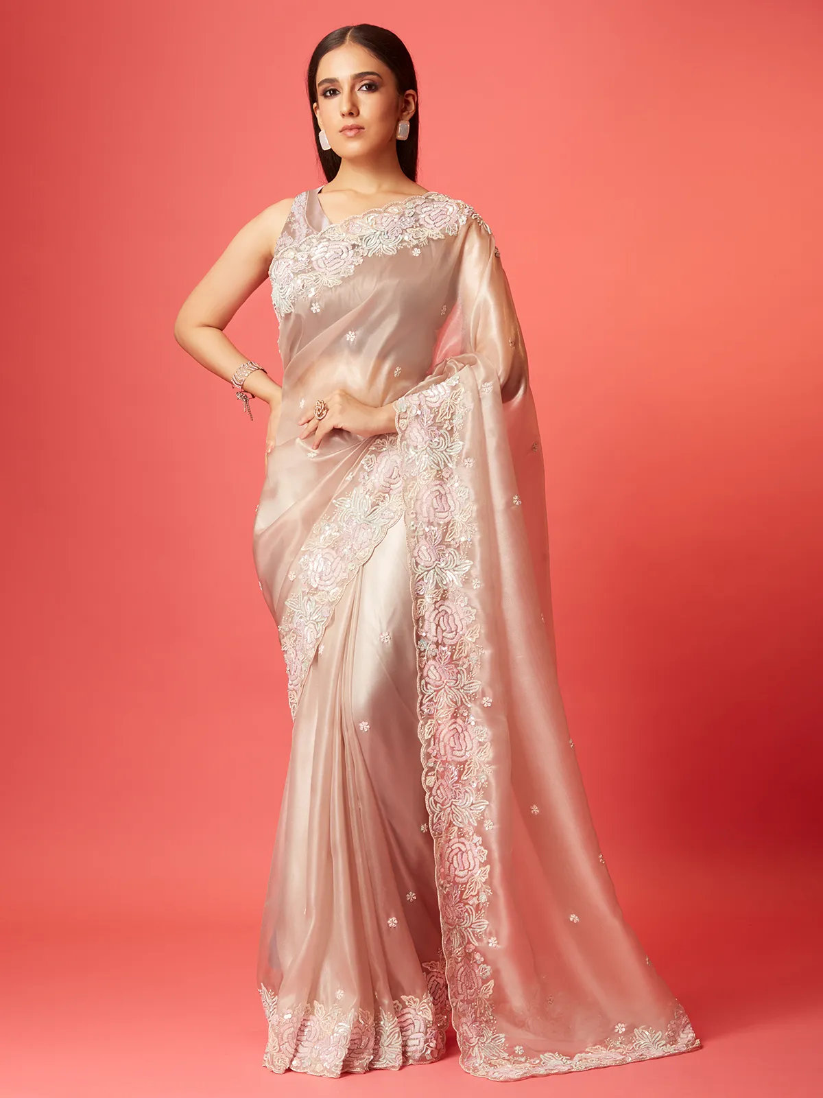 Light Onion Pink soft organza saree