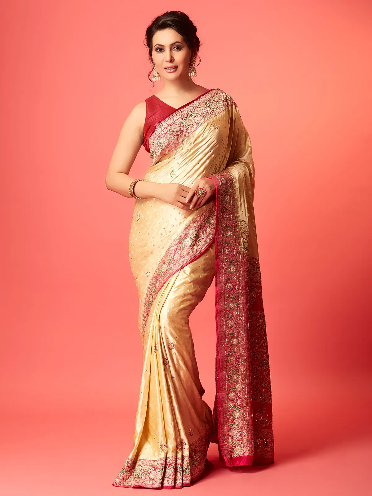 Newest beige silk saree with contrast border