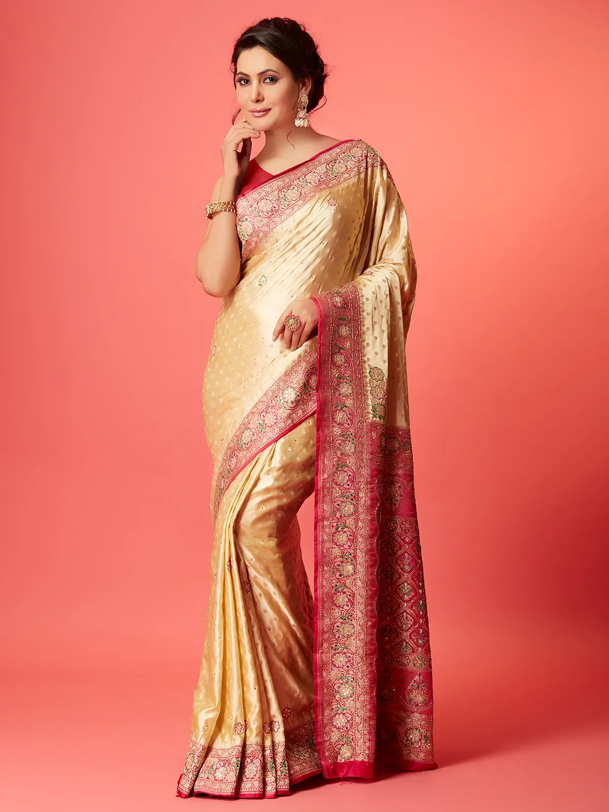 Newest beige silk saree with contrast border