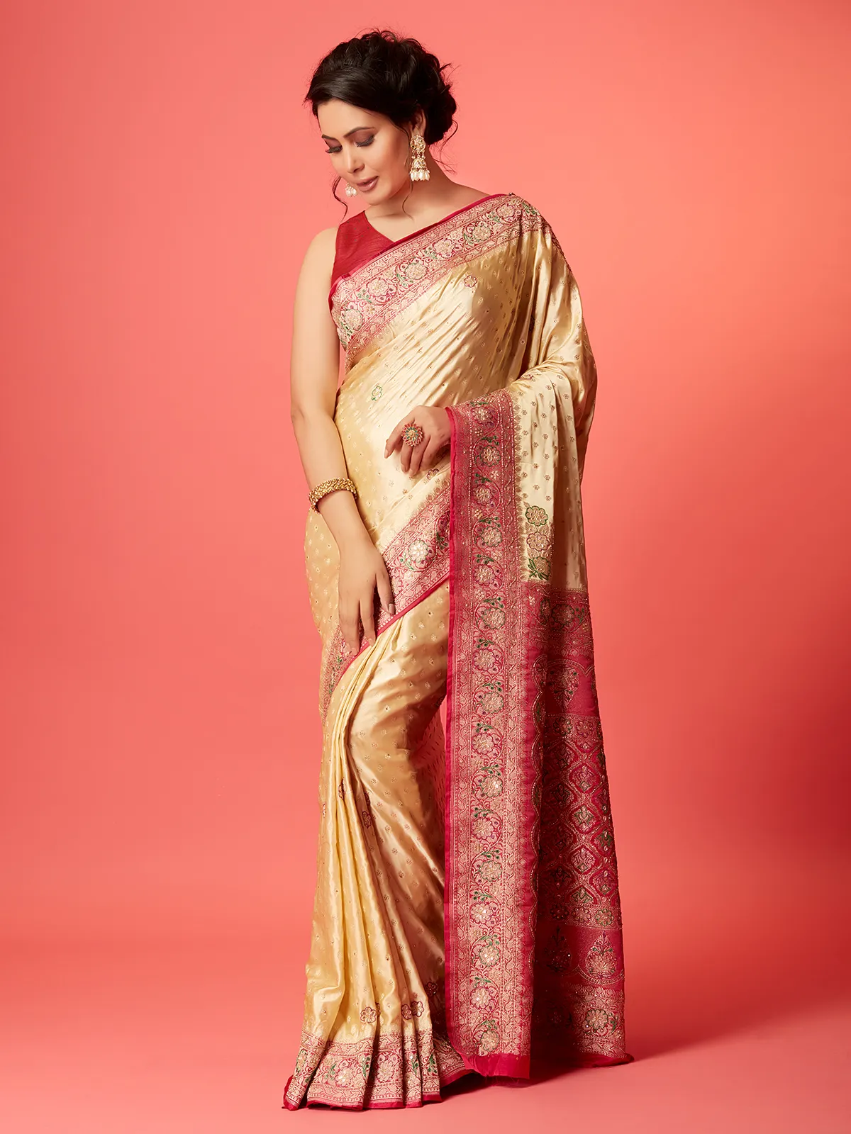 Newest beige silk saree with contrast border