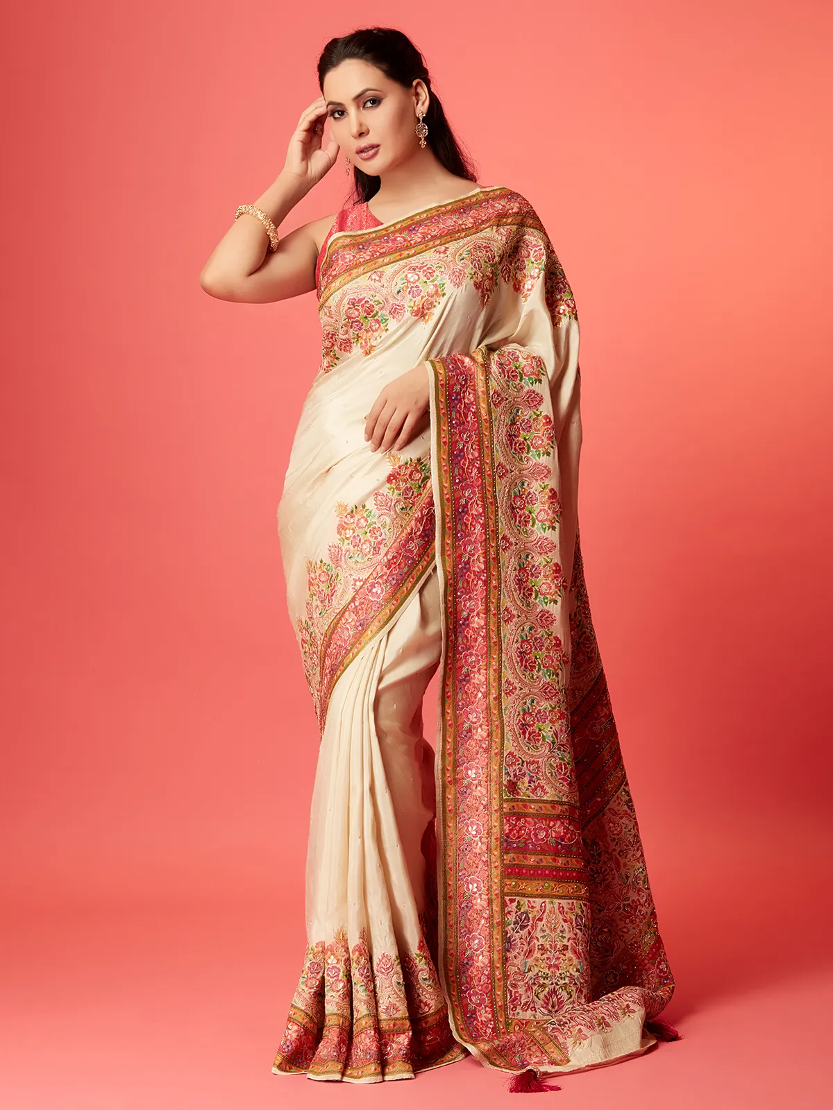 Newest off-white pashmina silk saree