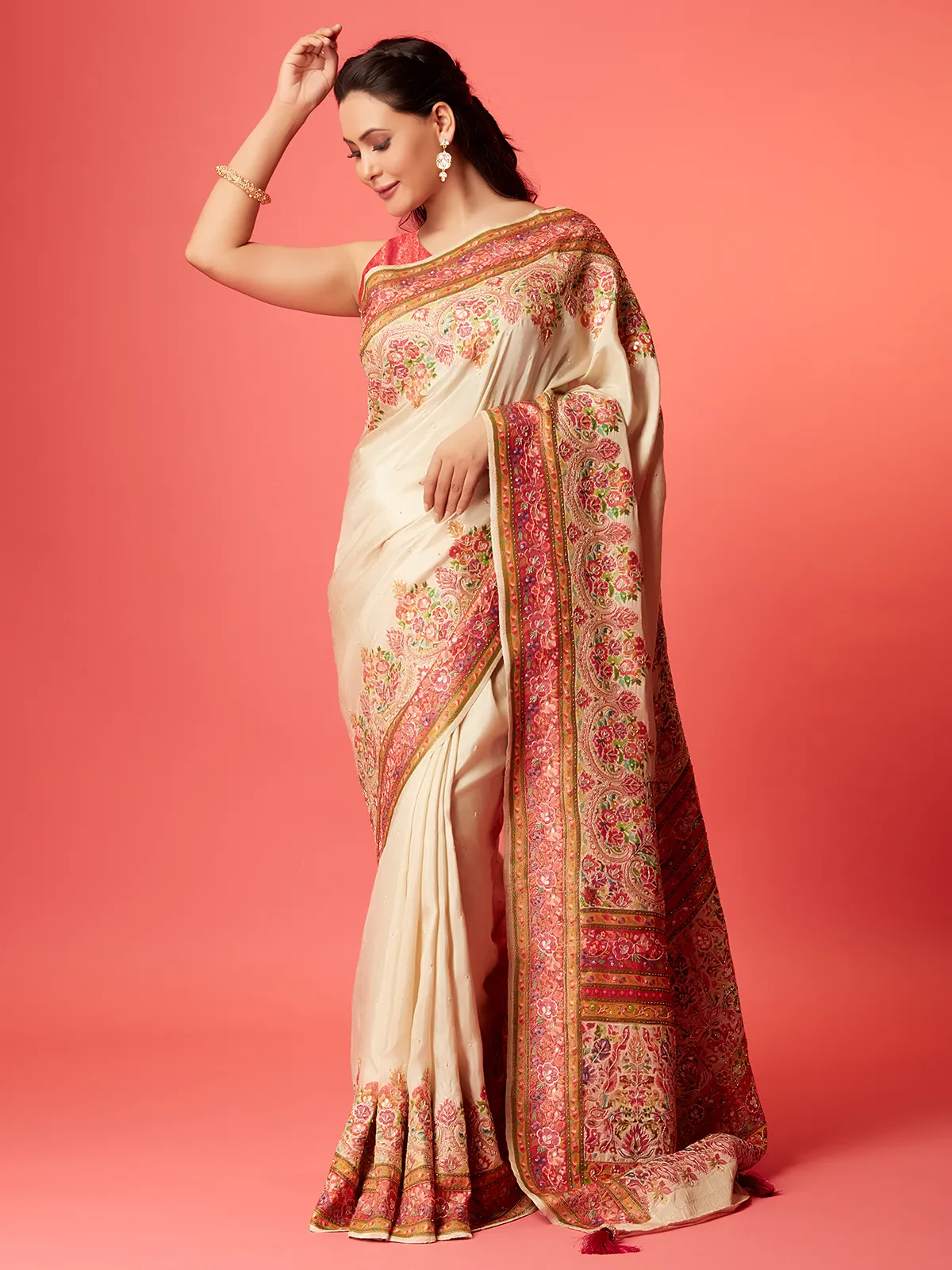 Newest off-white pashmina silk saree