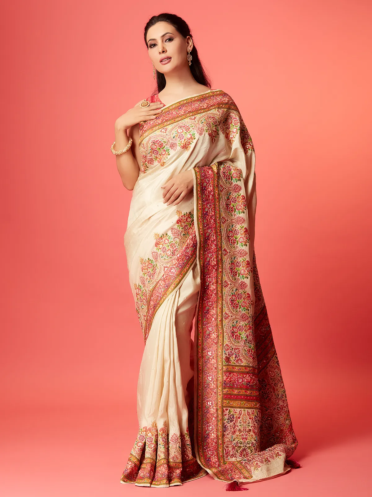 Newest off-white pashmina silk saree