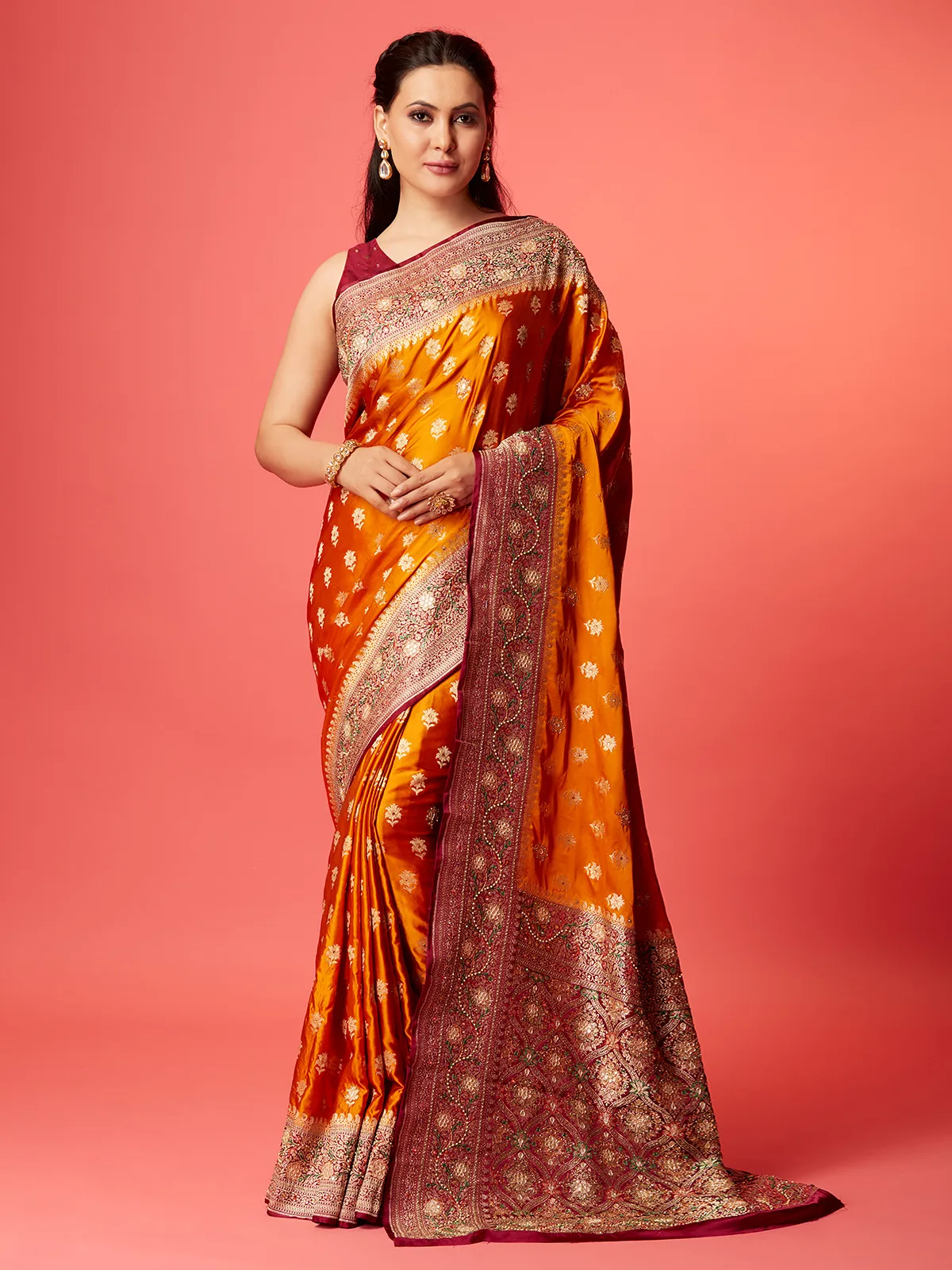 Orange silk zari saree