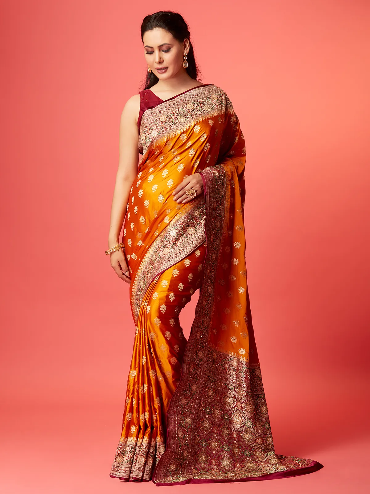 Orange silk zari saree