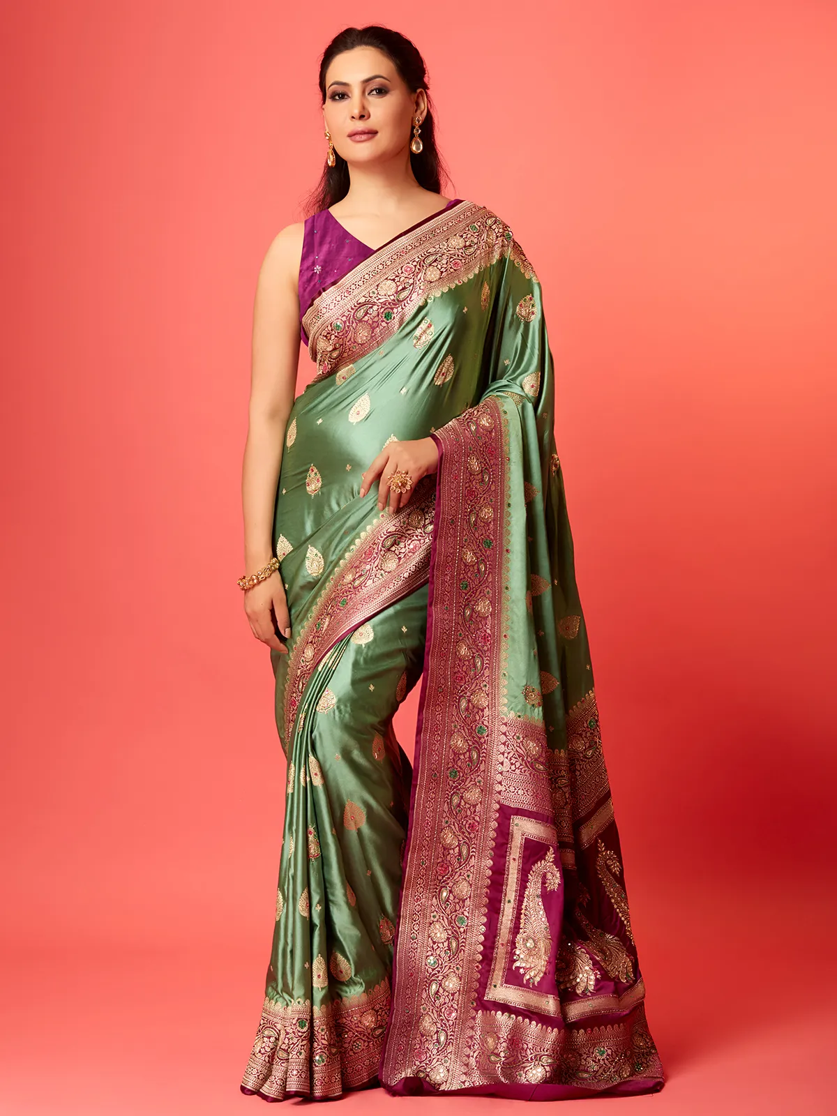 Pista green silk saree with contrast border