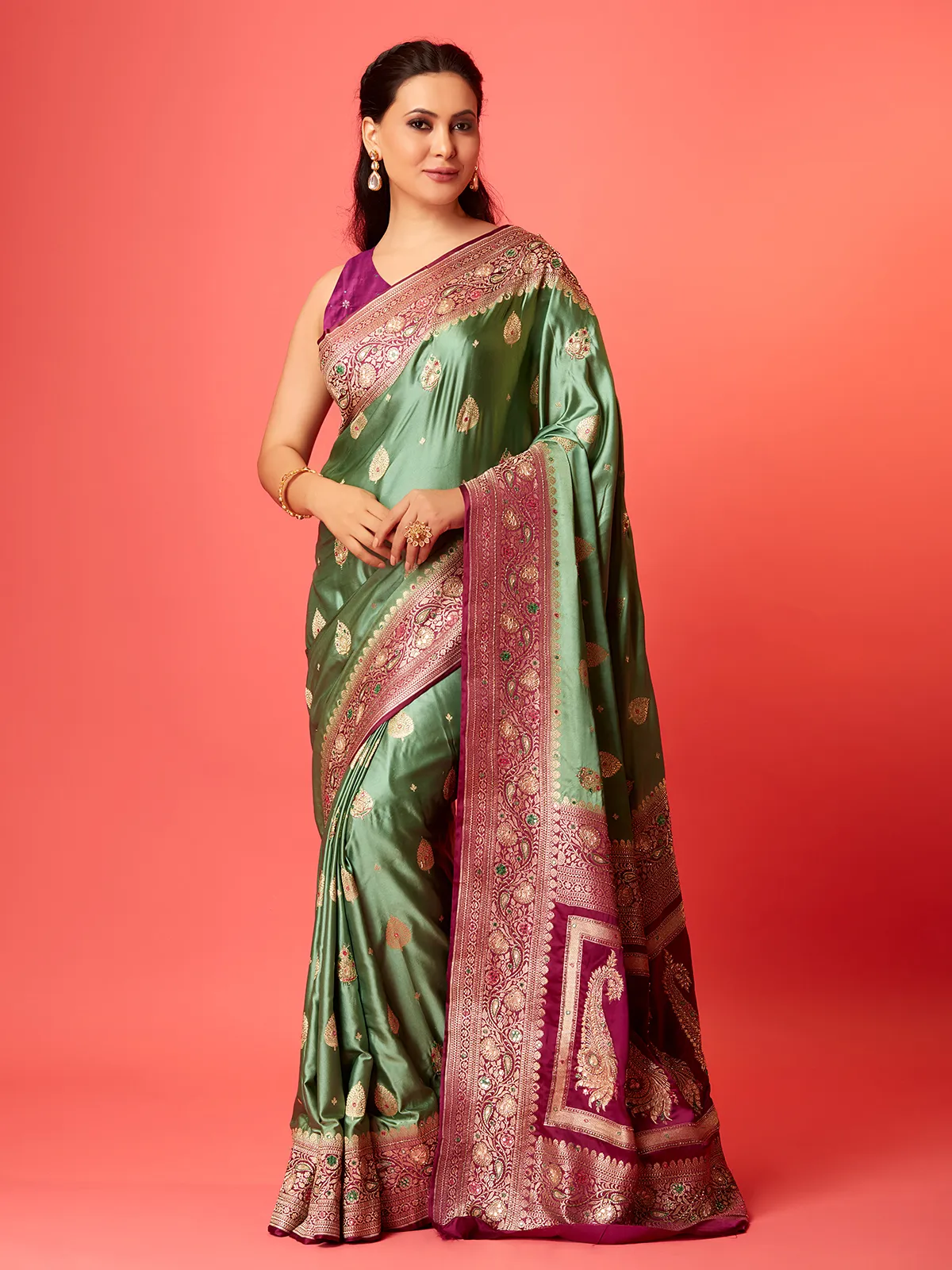 Pista green silk saree with contrast border