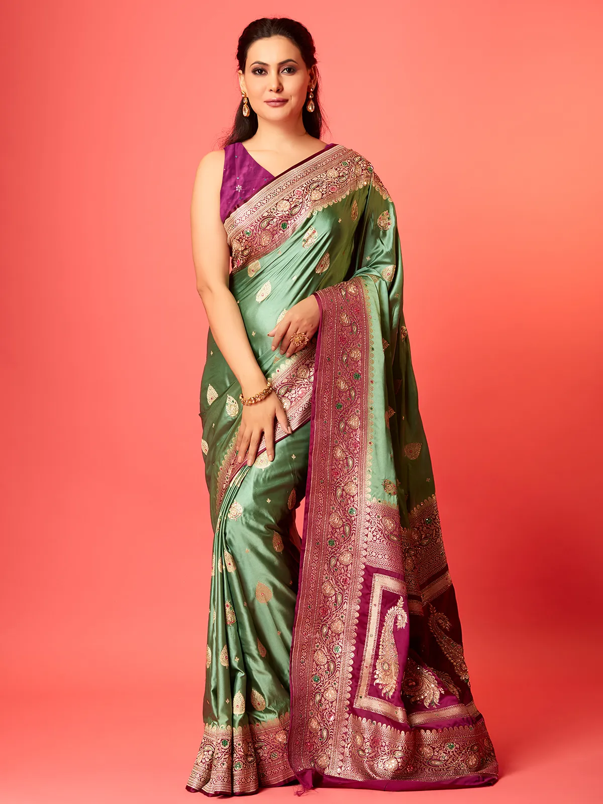 Pista green silk saree with contrast border