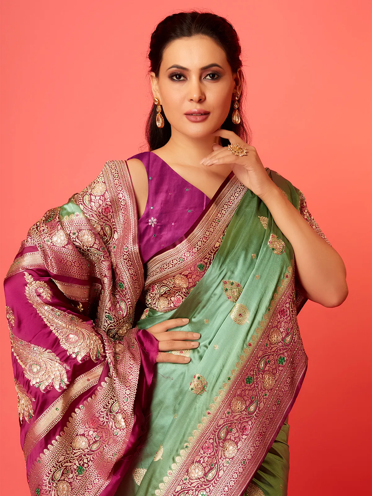 Pista green silk saree with contrast border