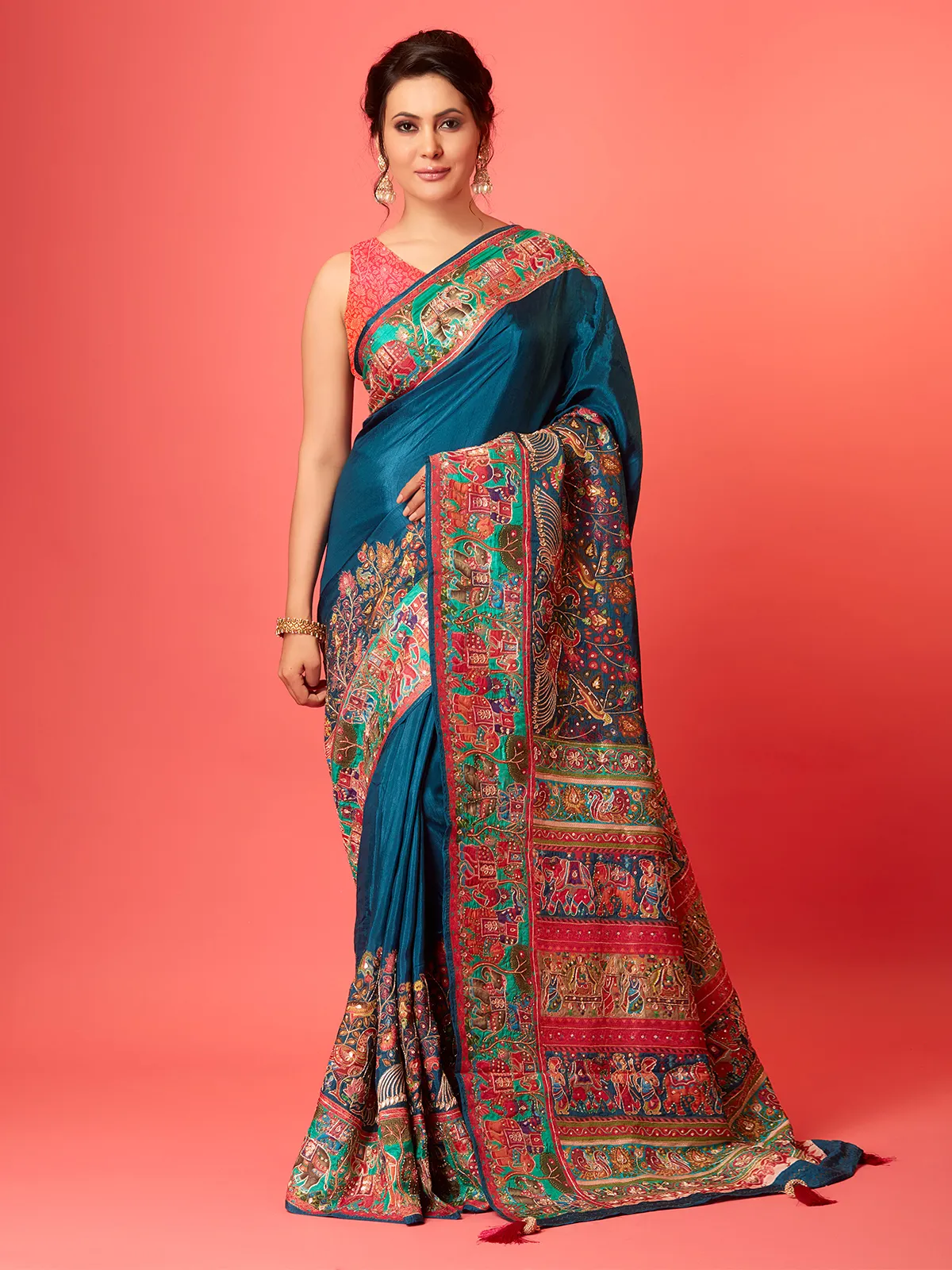 Rama blue pashmina silk saree