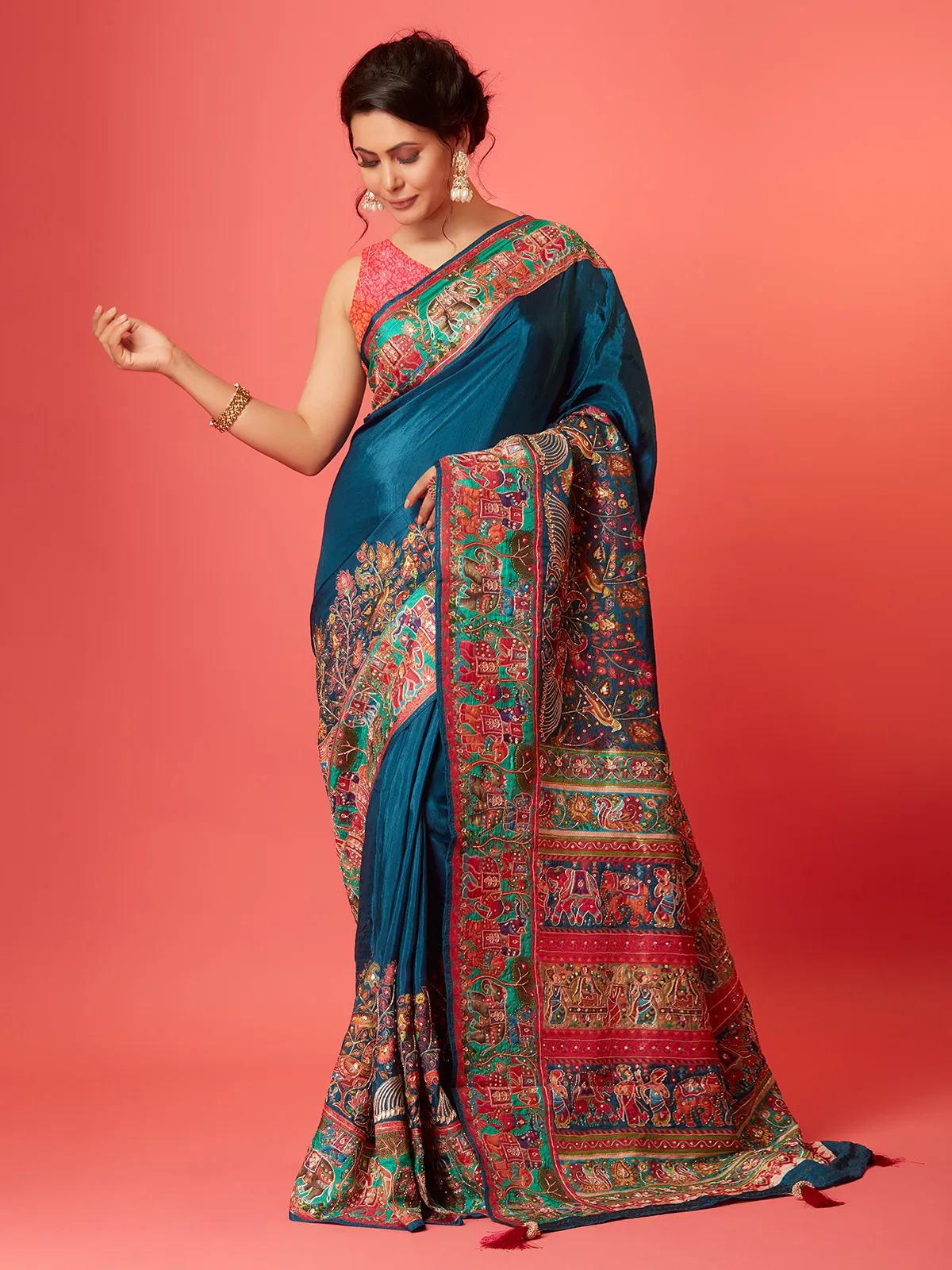 Rama blue pashmina silk saree