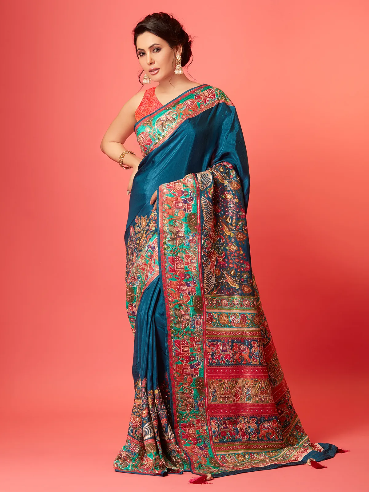 Rama blue pashmina silk saree