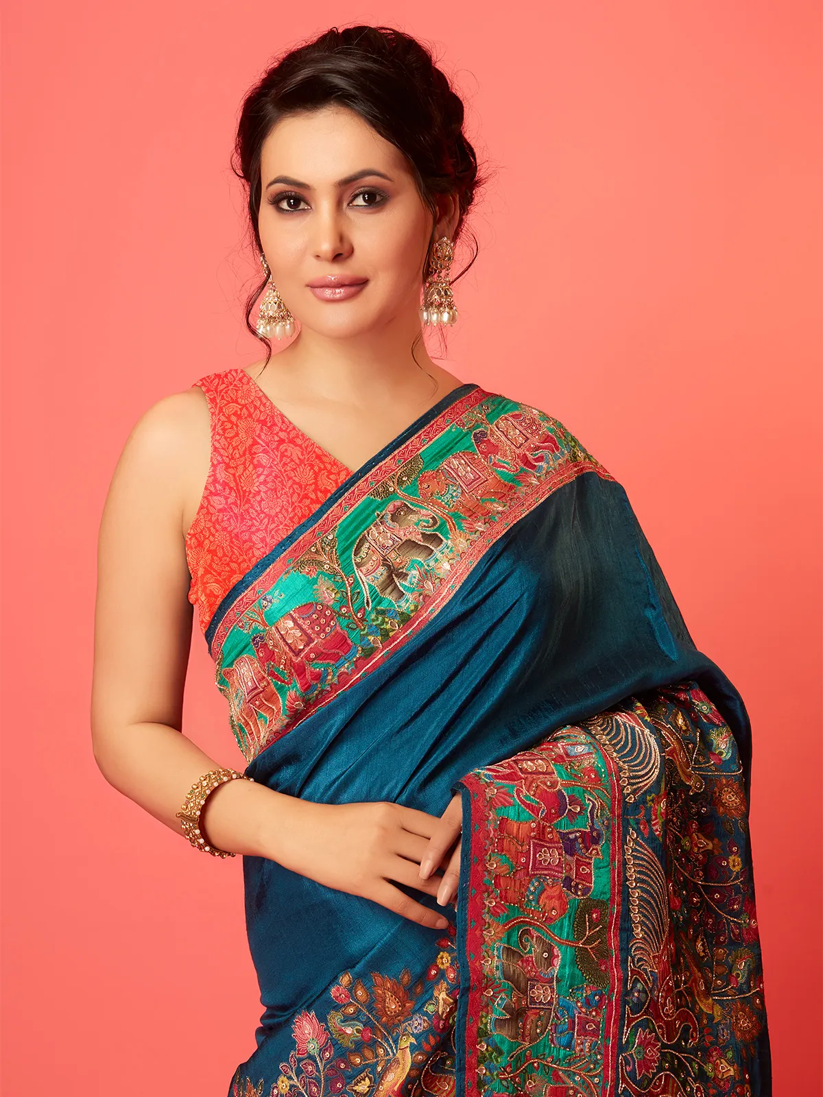 Rama blue pashmina silk saree