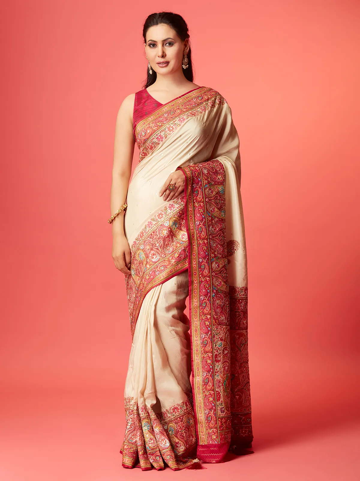 Stunning cream pashmina silk saree