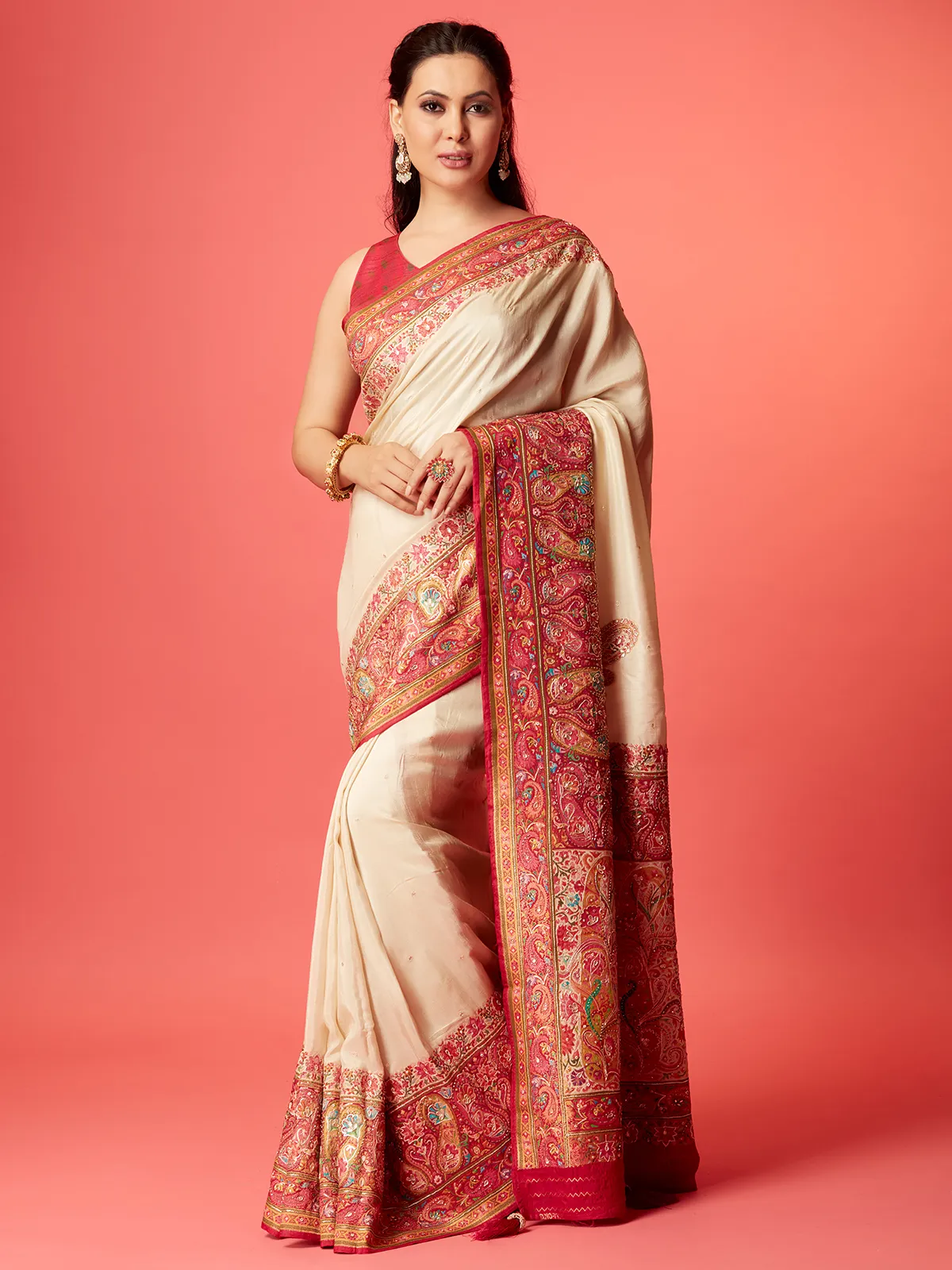 Stunning cream pashmina silk saree