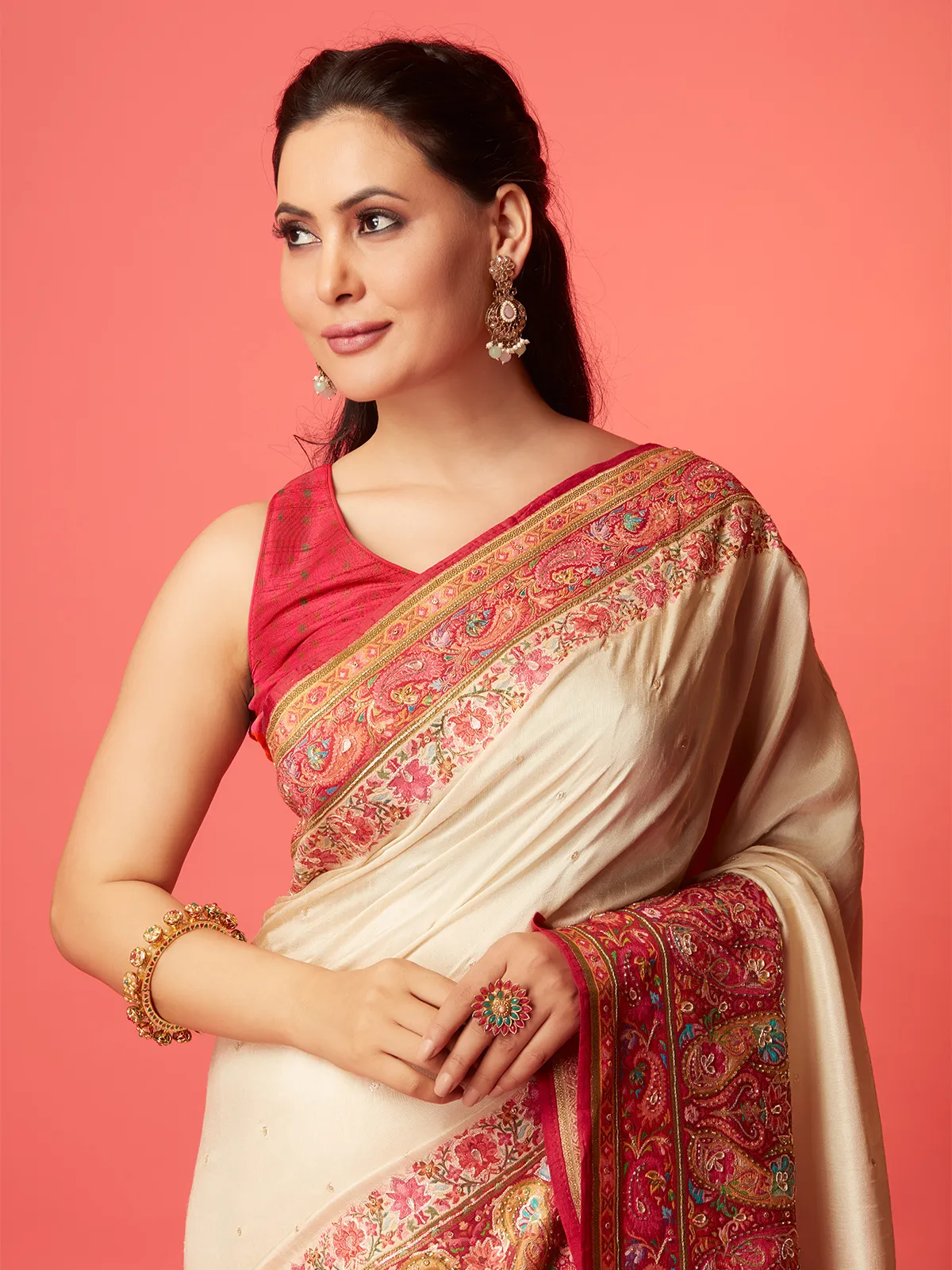 Stunning cream pashmina silk saree