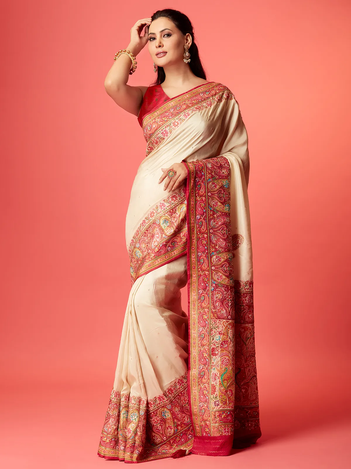 Stunning cream pashmina silk saree