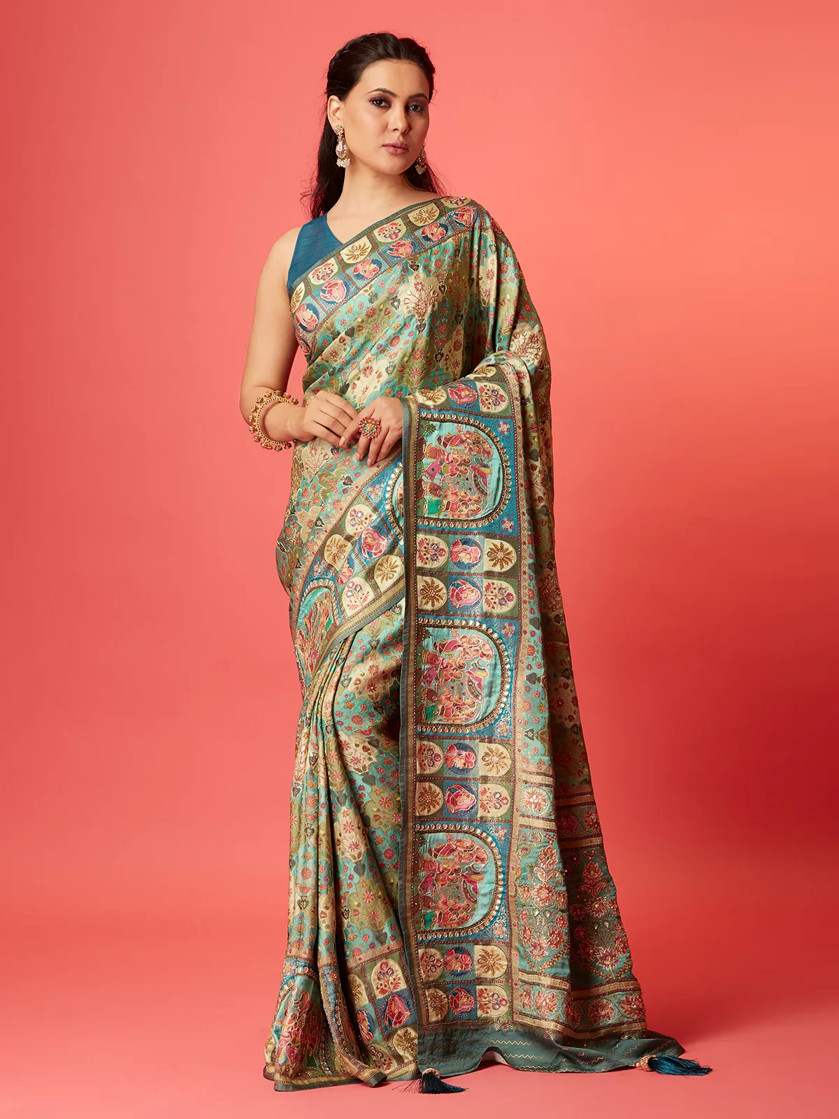 Stylish mint green silk printed saree