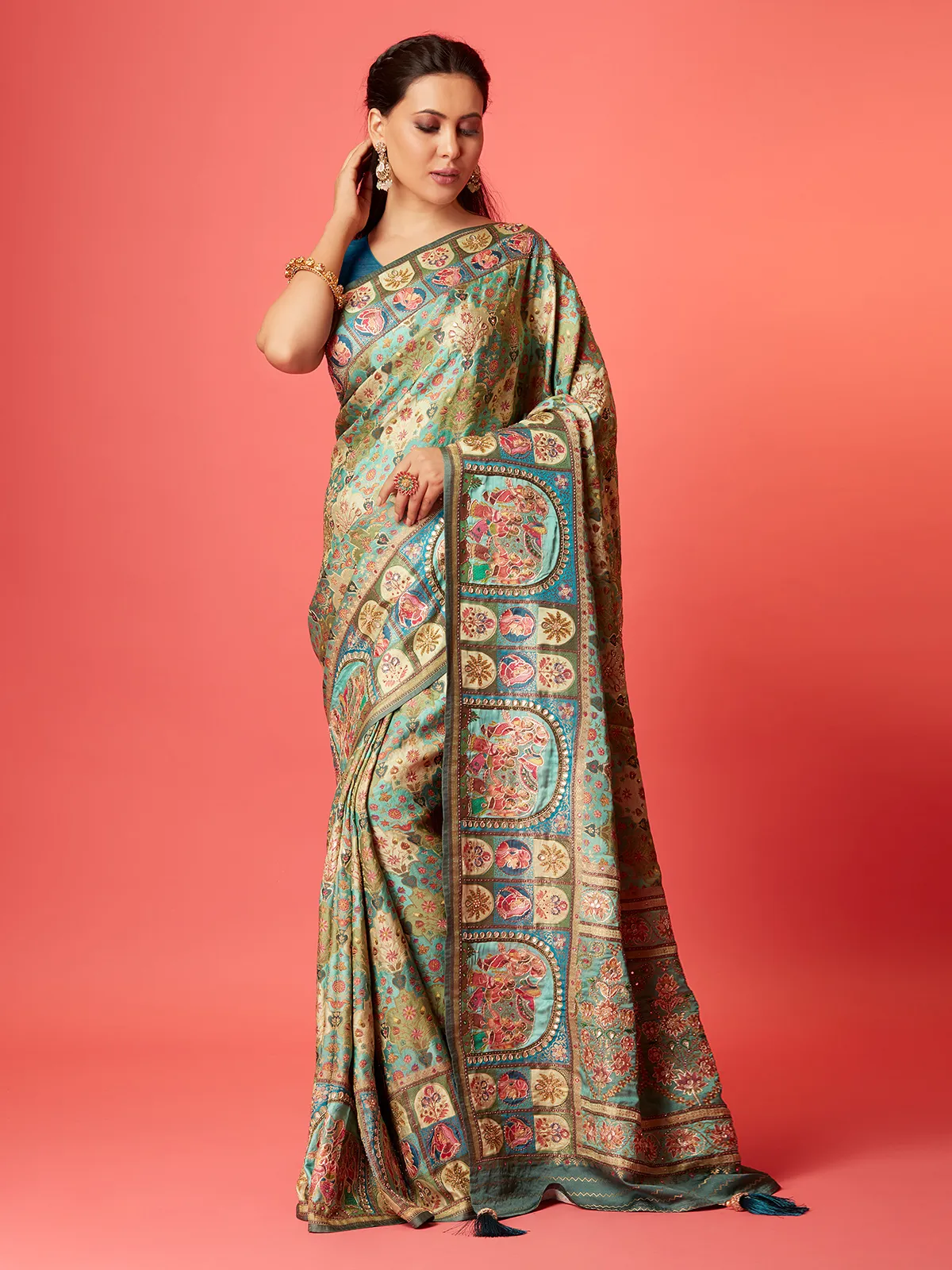 Stylish mint green silk printed saree