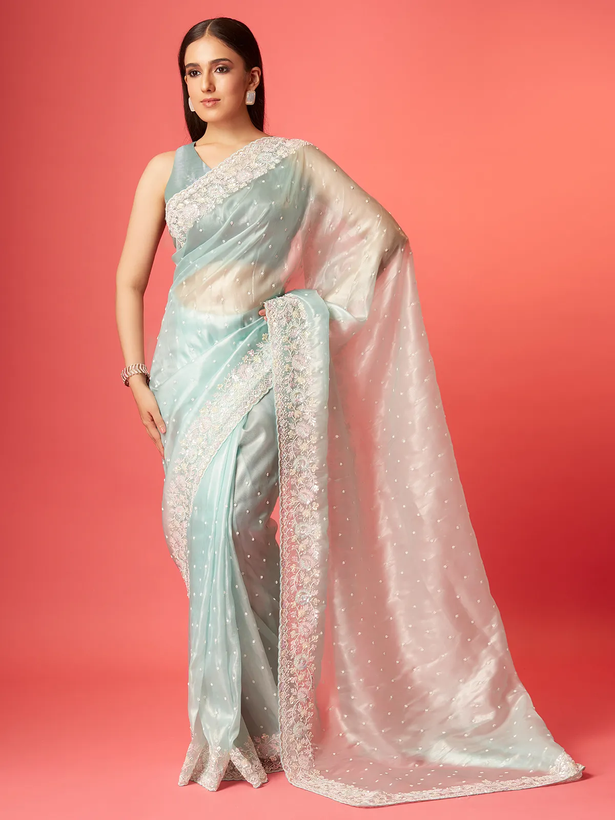 Trendy sky blue soft organza saree