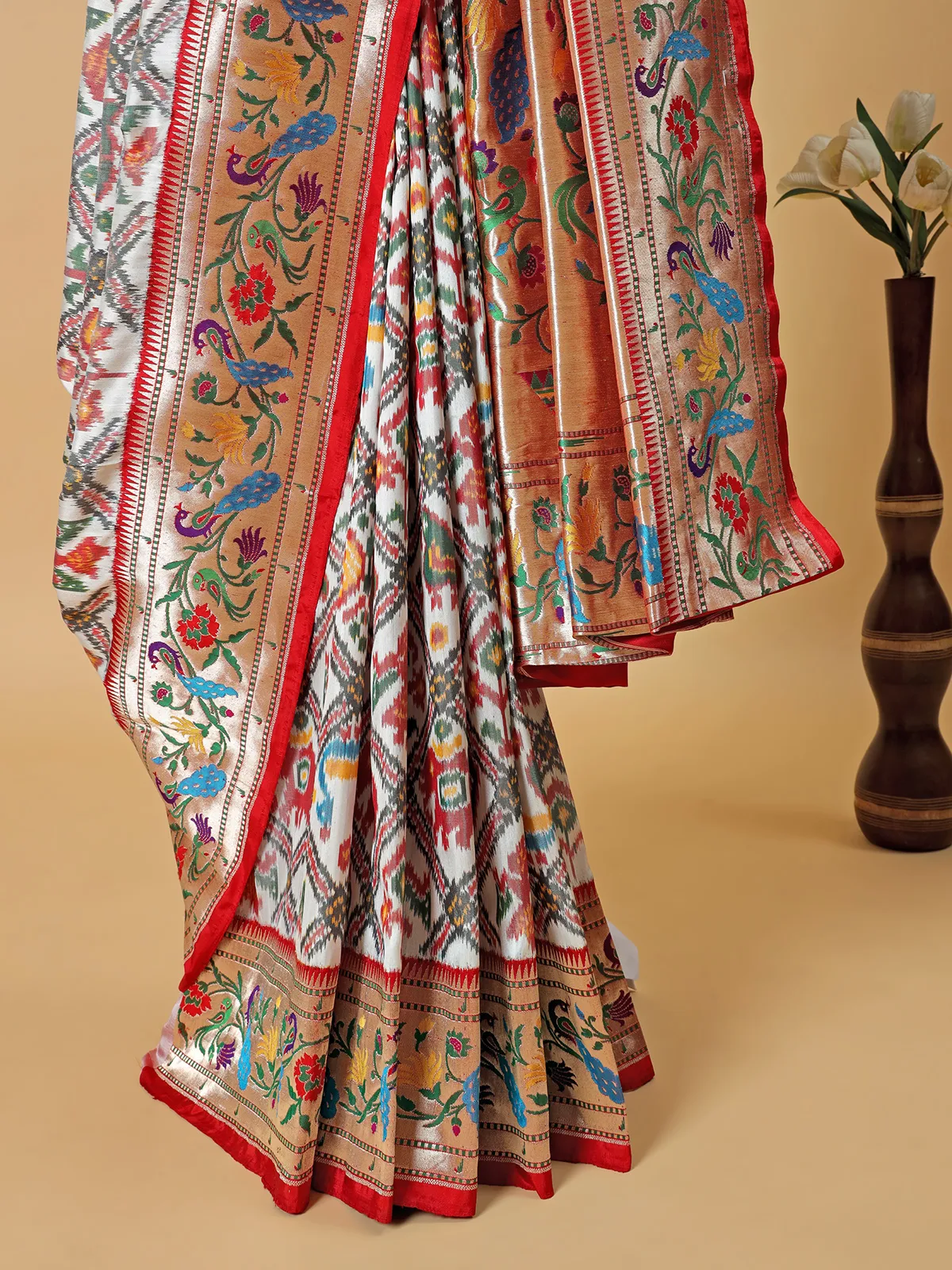 White patola print banarasi silk saree