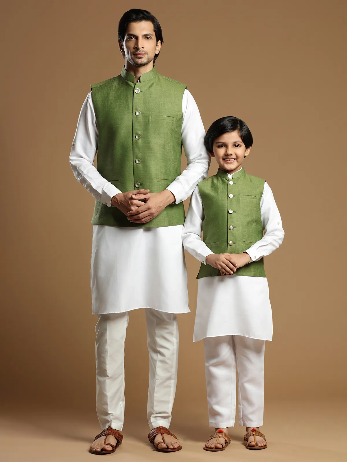 Cotton silk solid father and son waistcoat set in moss green