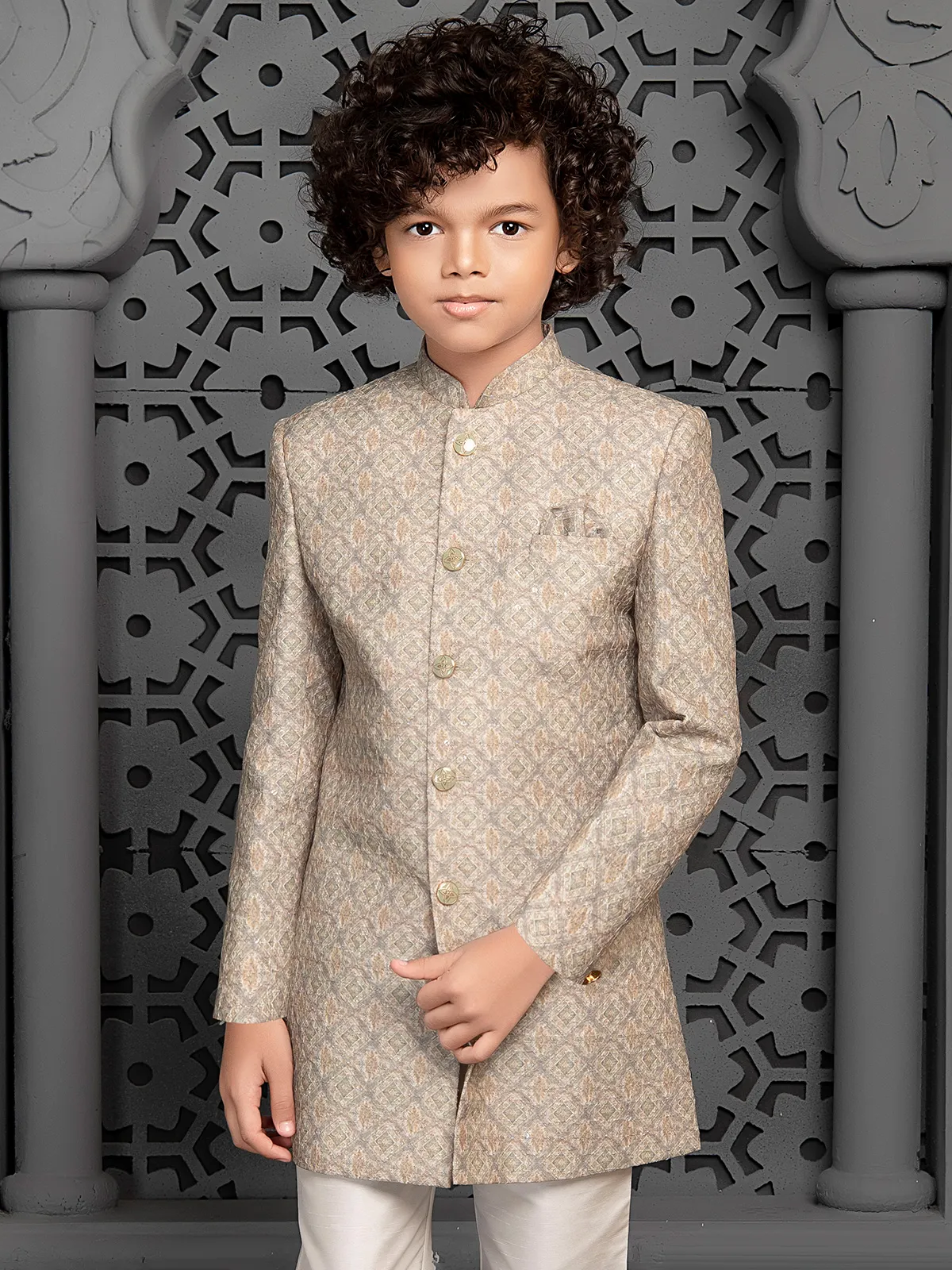 Almond beige aesthetic silk indo western for boys