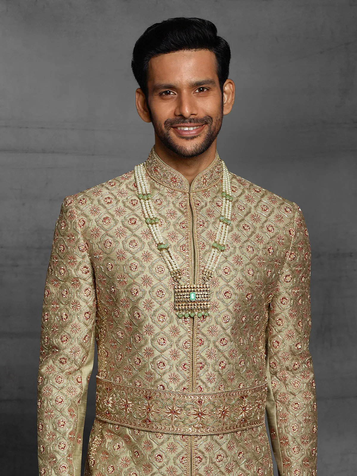 Golden hue silk wedding wear dual layer sherwani