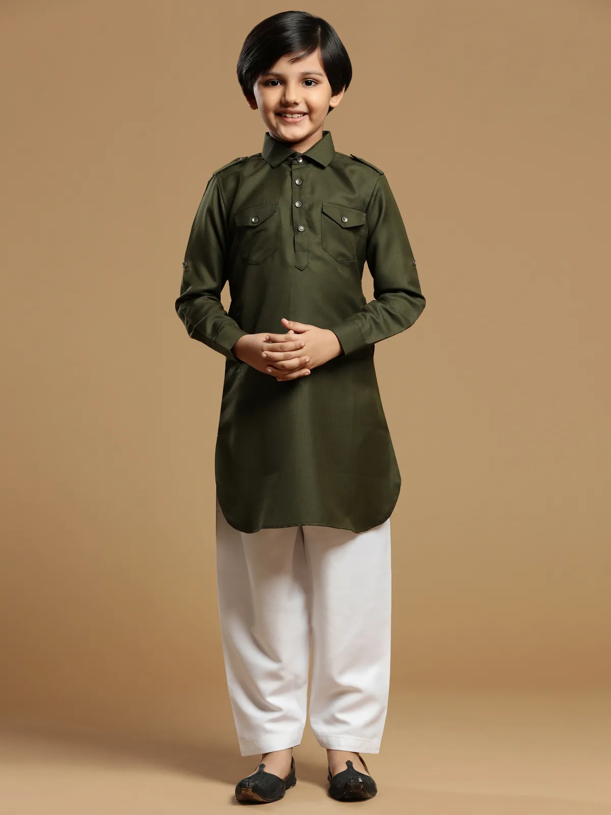 Olive boys festive occasions cotton silk pathani suit