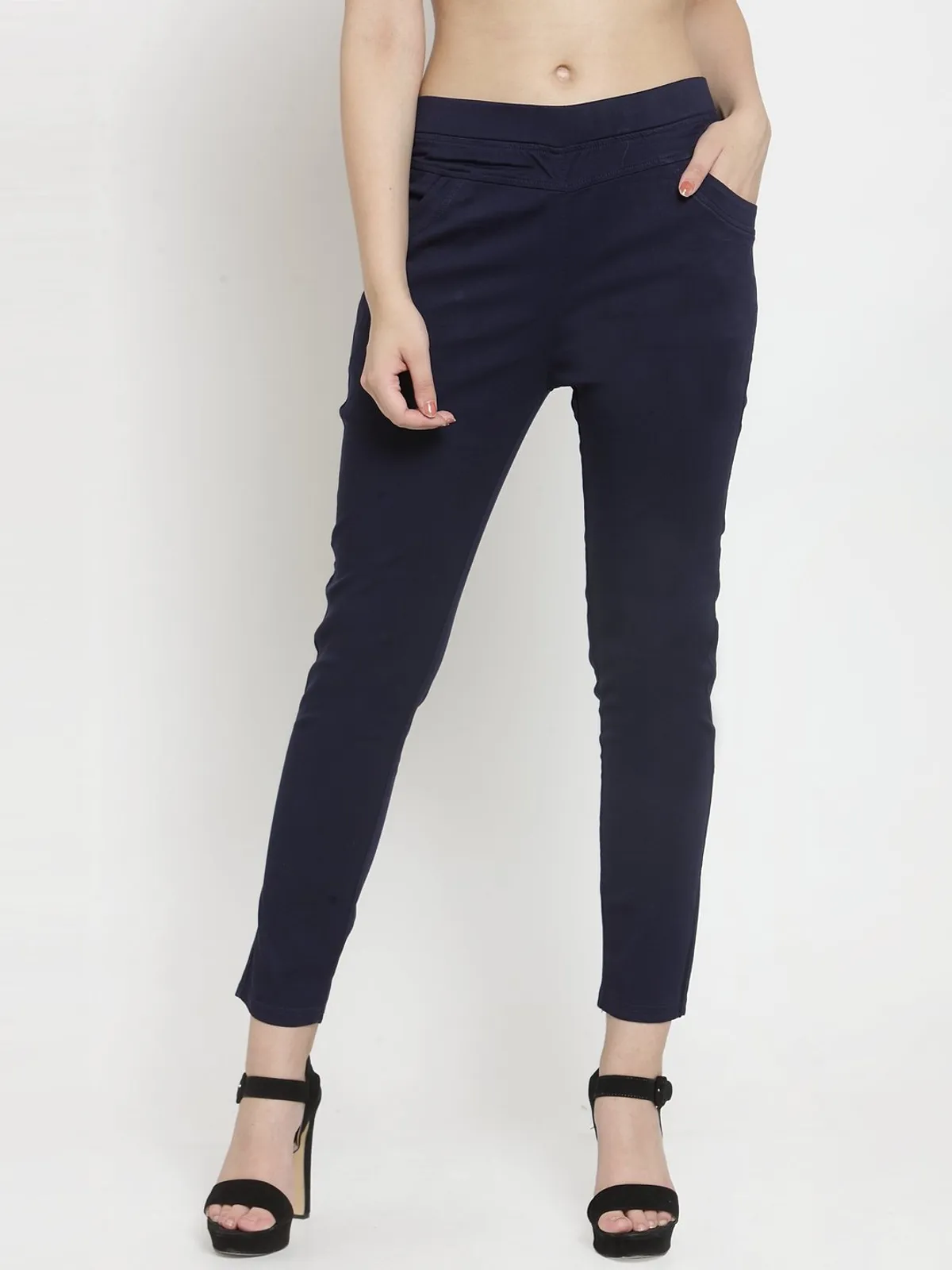 Solid navy cotton jeggings for womens