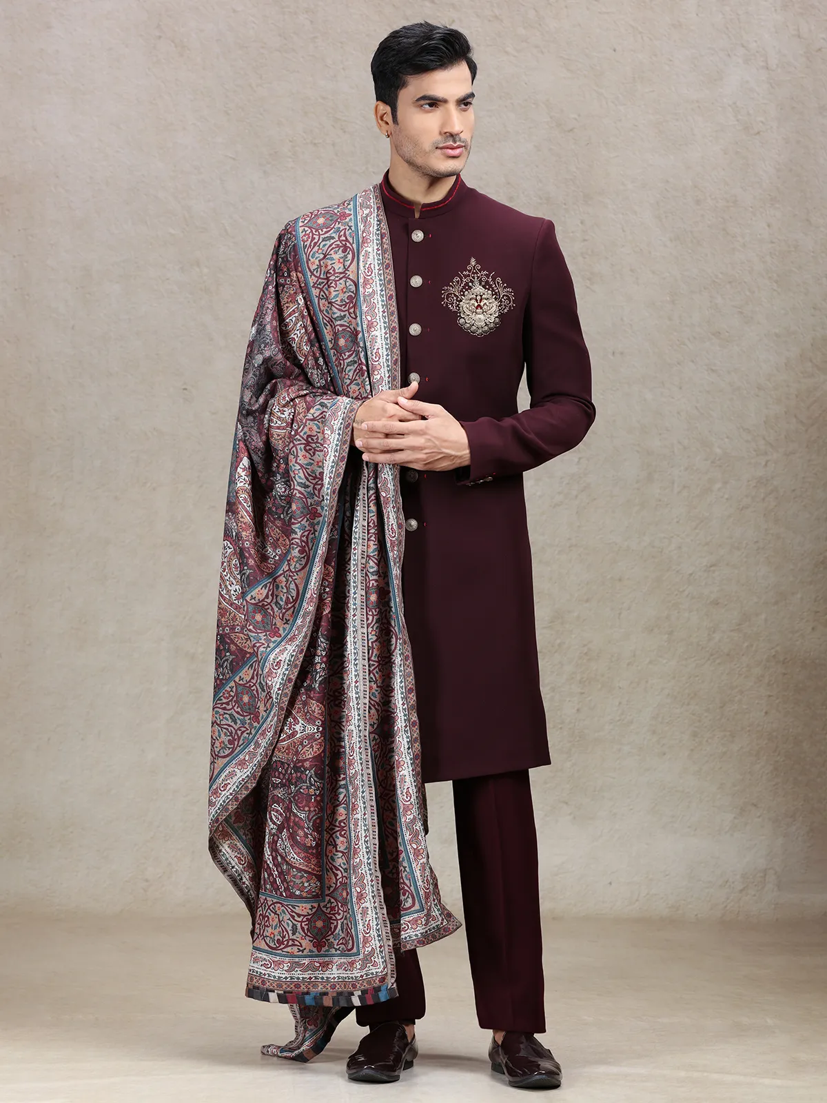Aesthetic wine sherwani with vintage printed dupatta