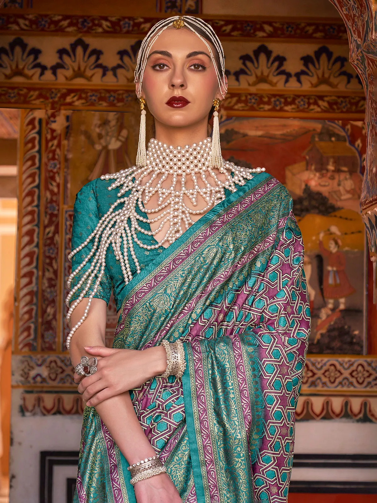 Ajrakh printed green and wine saree