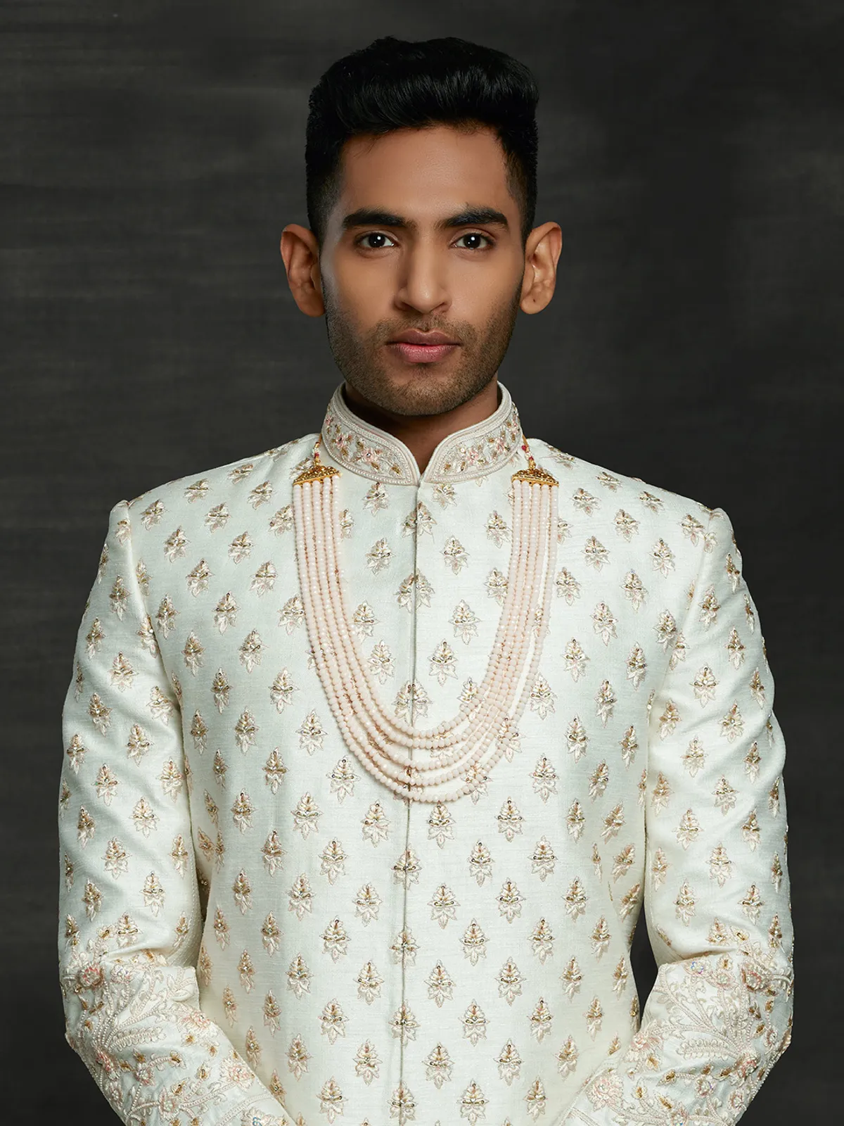 Alluring off white silk double layer sherwani set