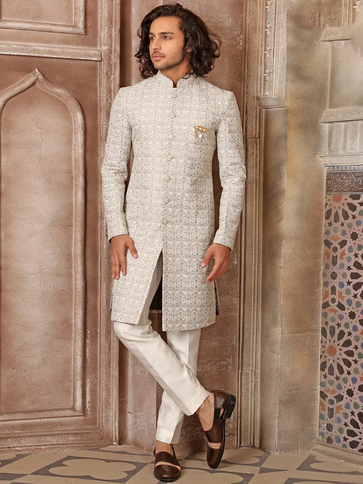 Amazing light grey silk indowestern