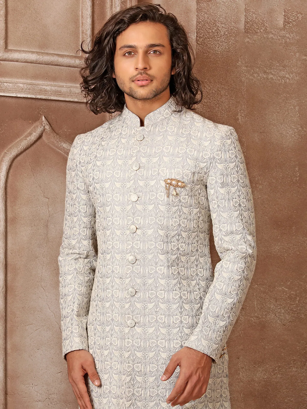 Amazing light grey silk indowestern