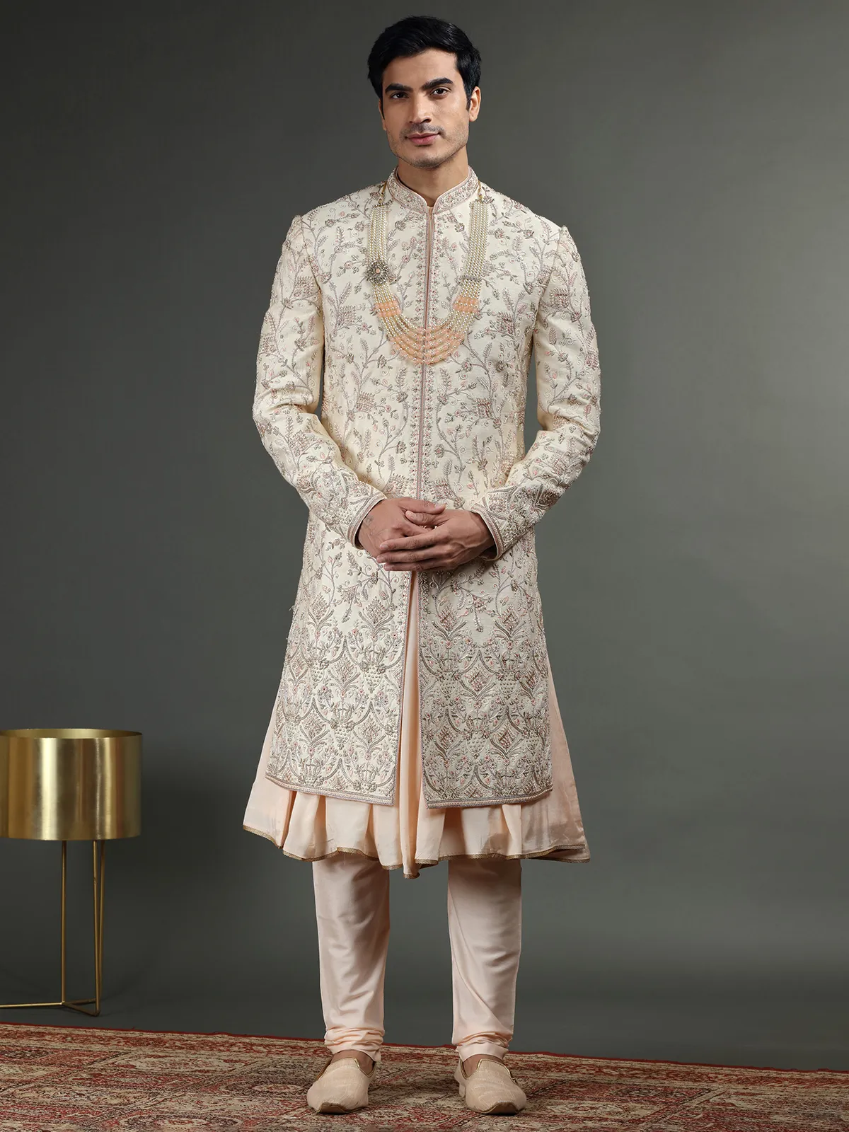 Amazing light peach raw silk sherwani