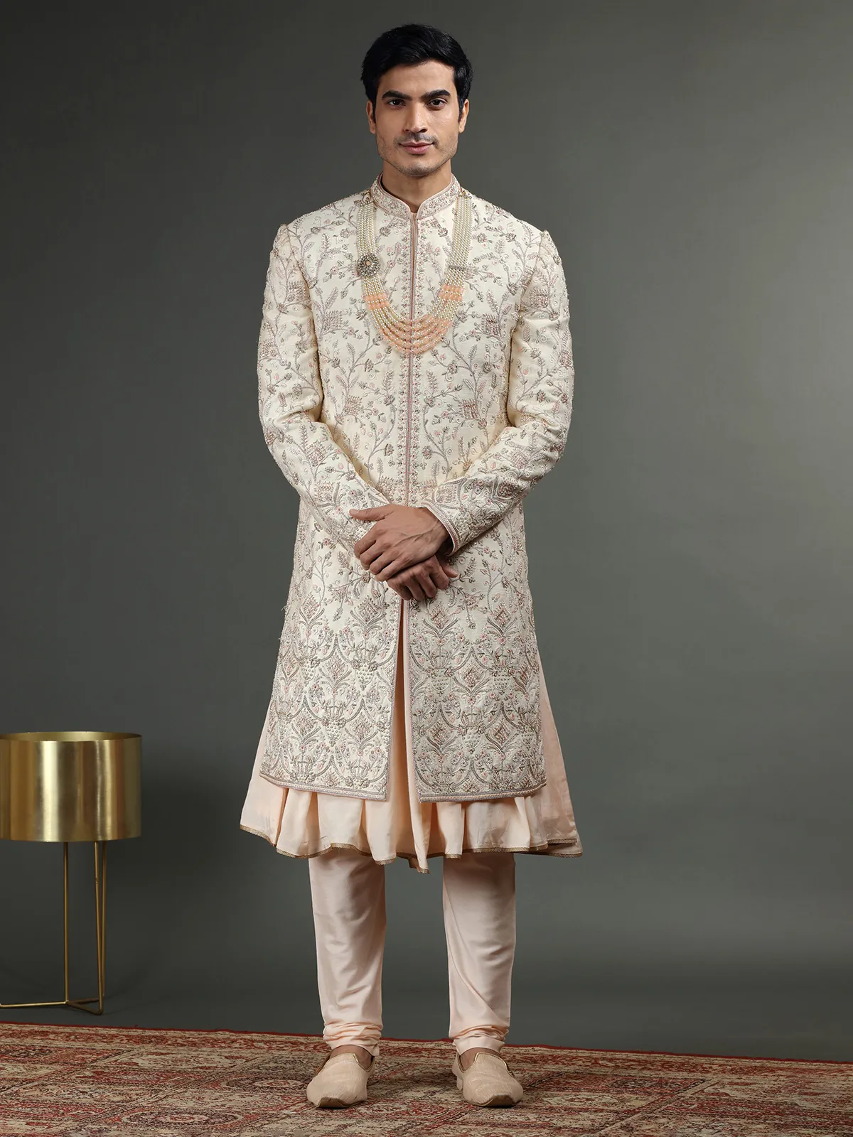 Amazing light peach raw silk sherwani