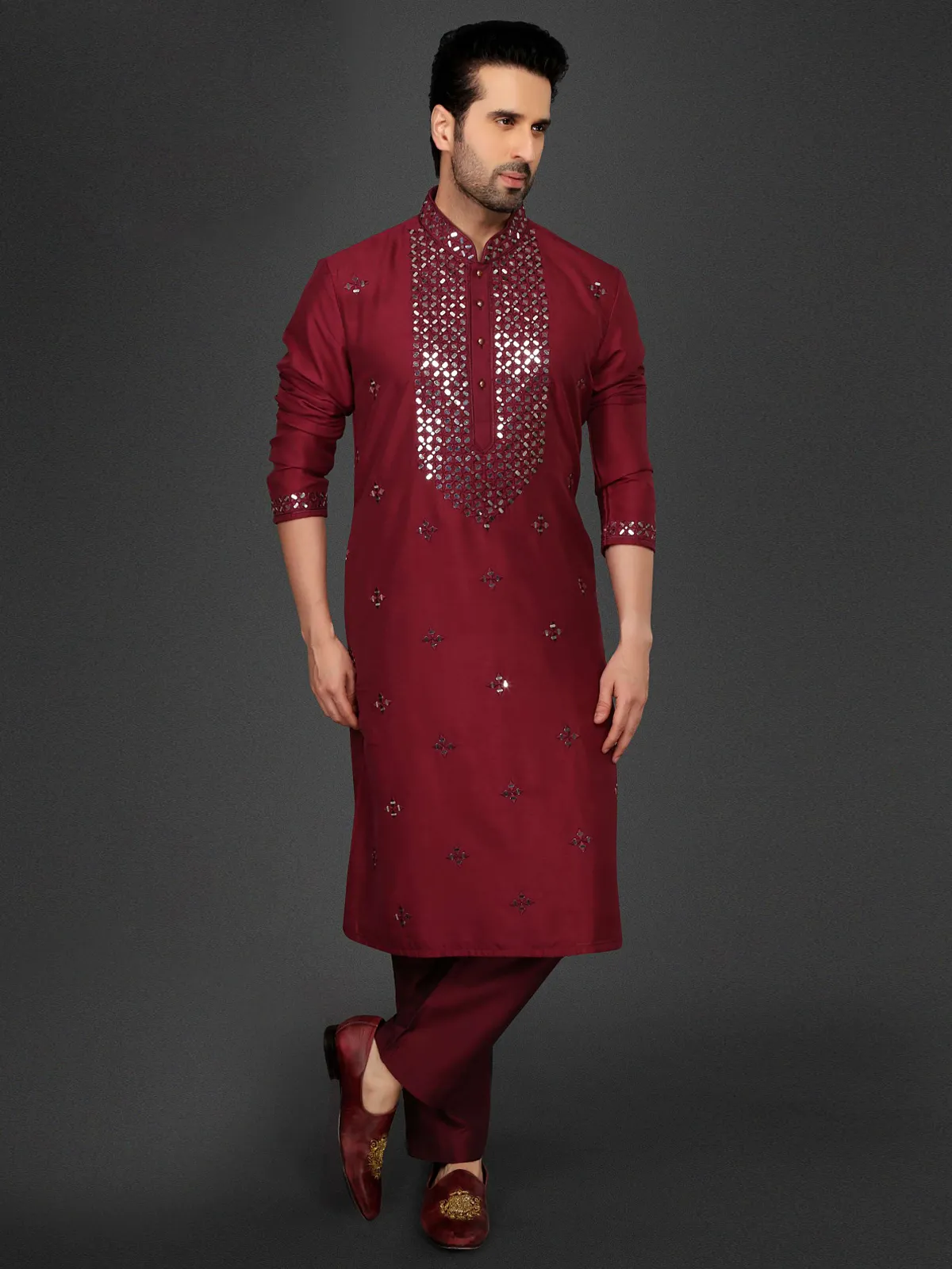 Amazing maroon color cotton silk Kurta Set for Men